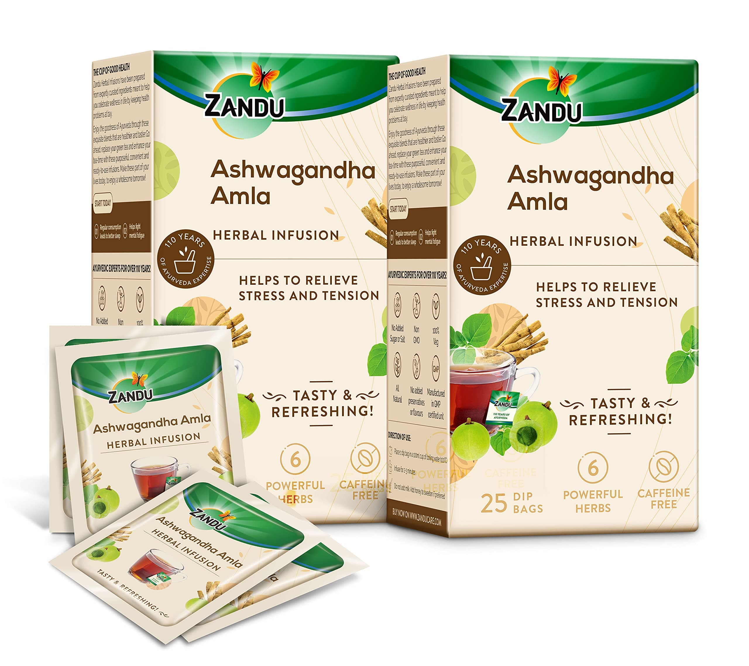 Zandu Ashwagandha Amla Ayurvedic Infusion, A Herbal Tea Enriched With 6 Ayurvedic Ingredients (Pack Of 25 Tea Bags X 2) - 0.19 Kg