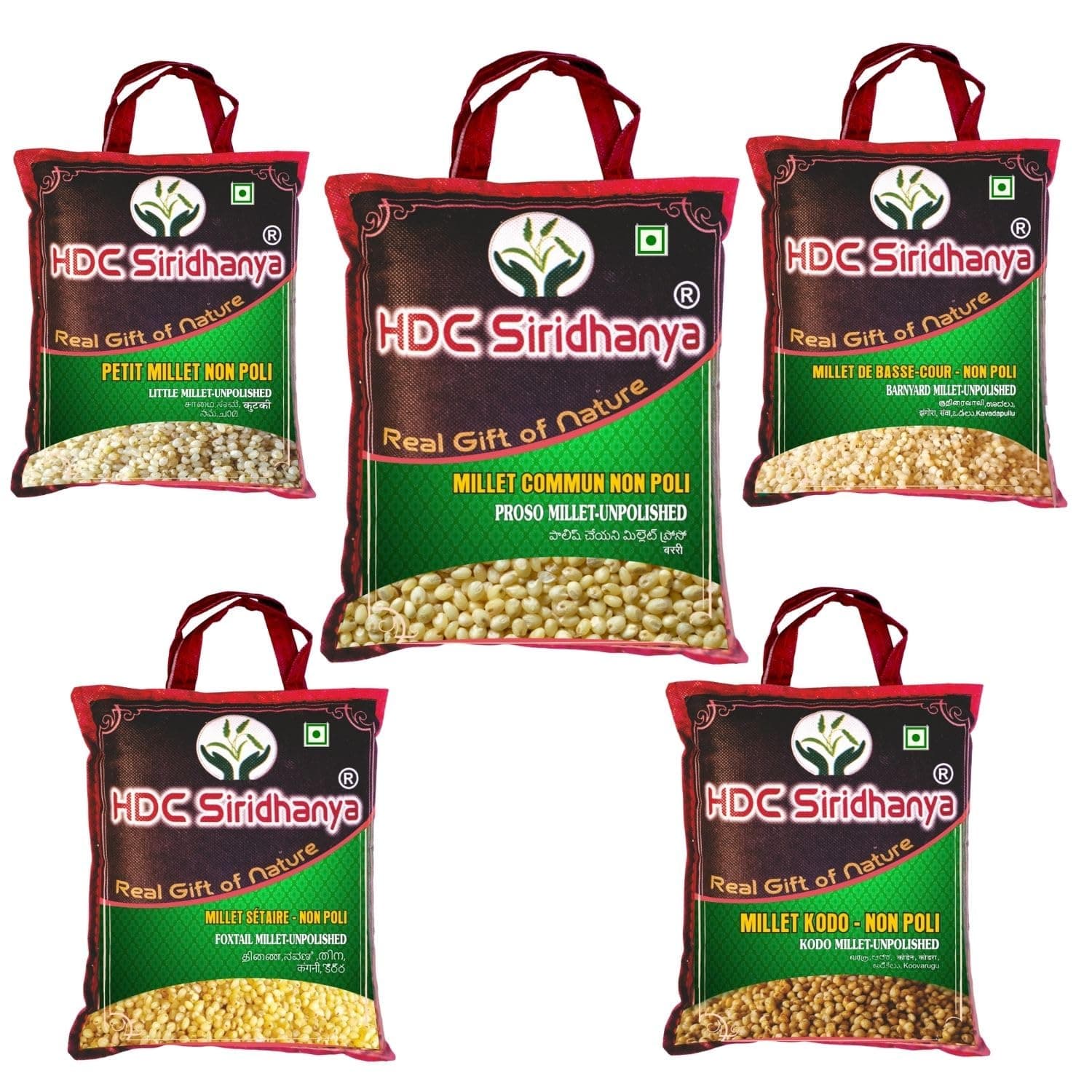 HDC Siridhanya unpolished and organic millets combo pack of 5 [Kodo, Foxtail, Barnyard, Little and Proso millets, Each millet 920gm vacuum packed in Bag] organically grown from Andhra Pradesh