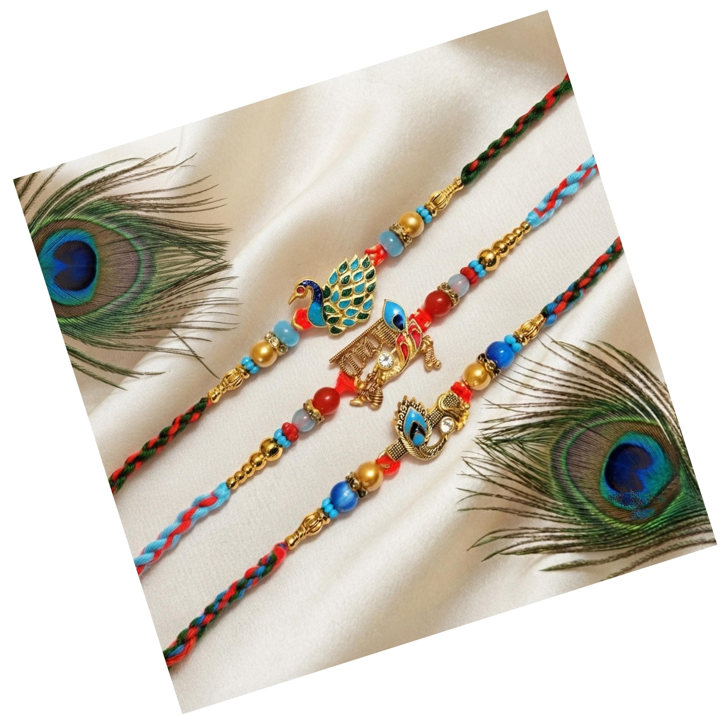 Forty Wings Set of 2 Pcs Premium Peacock-Themed Designer Metal Rakhi Set – Krishna-Inspired Traditional Thread Bracelets for Brothers Rakshabandhan Rakhi Gift For Brother Bhaiya Bhai Bhabhi