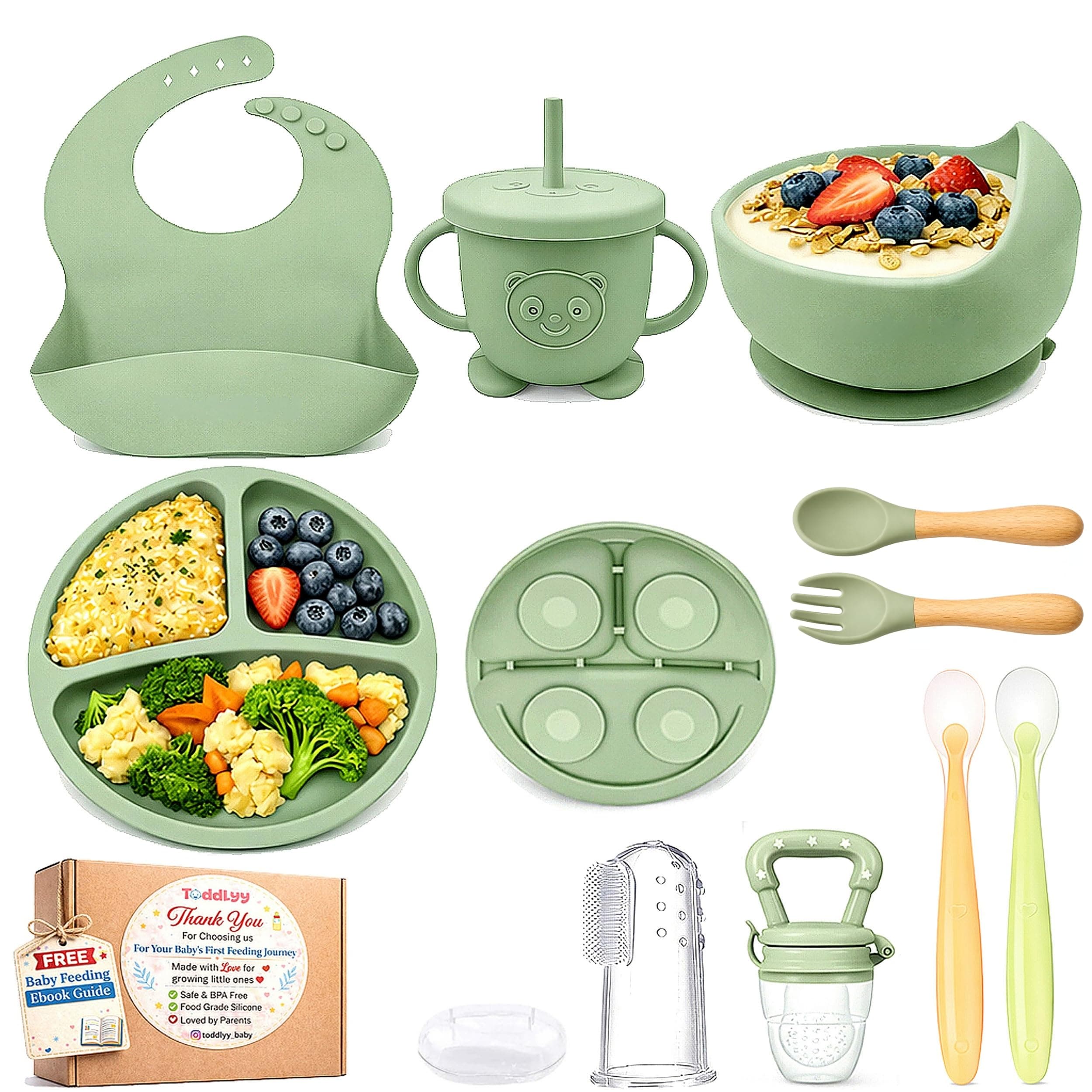 Toddlyy 10 Pcs Silicone Baby Feeding Set for Toddlers 6+ Months | Baby Led Weaning Self Feeding Kit | Suction Plate & Bowl, Bib, Cup, Spoon & Fork, Fruit Feeder, Finger Brush | FDA | Ebook (Green,)