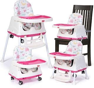 LuvLap 4 in1 High Chair for Baby/Kids, Toddler Feeding Booster Seat with Wheels, ‎PVC Cloth, 3 Height adjustments, with Cushion, 6 Month to 3 Years, Portable (White & Pink)