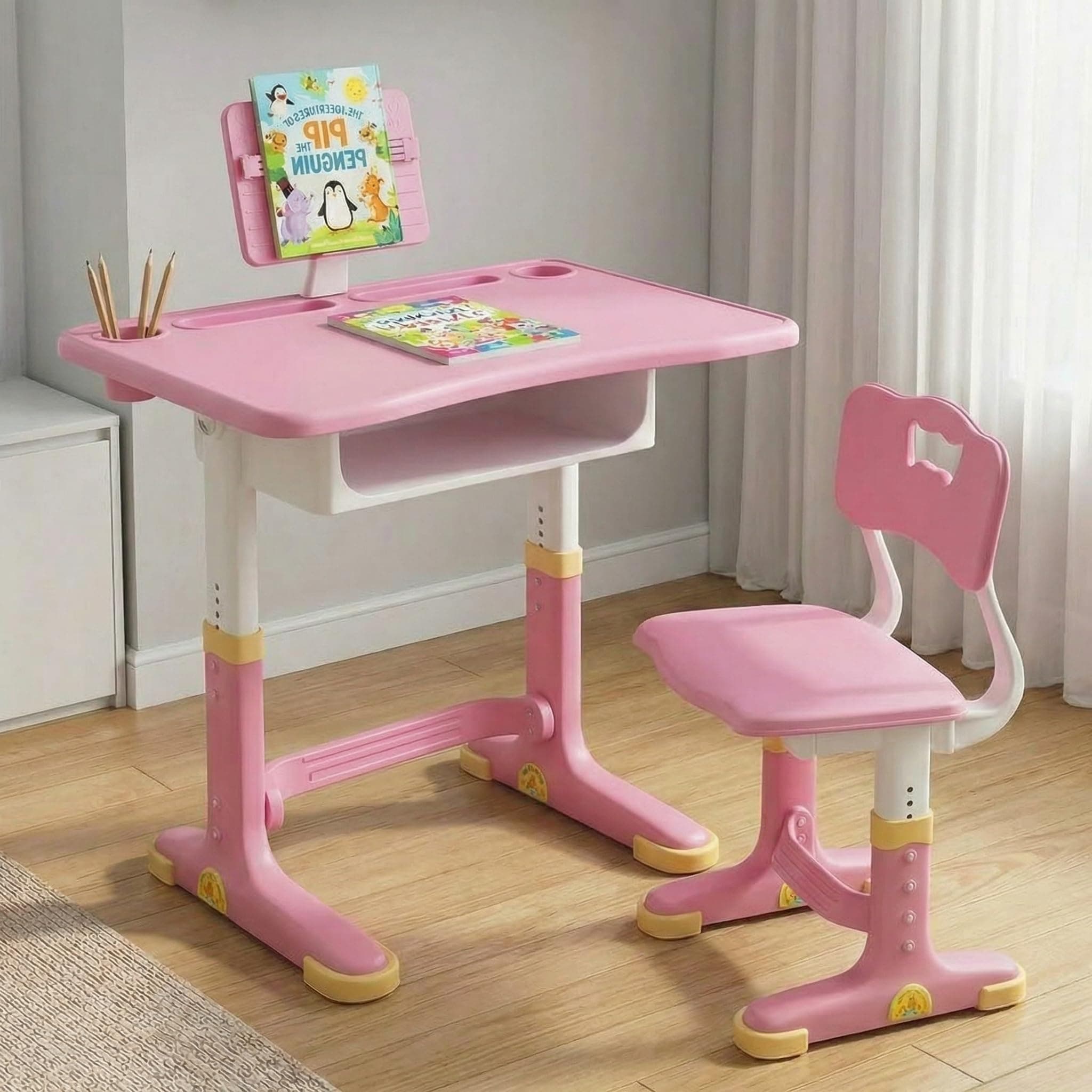 StarAndDaisy Study Table for Kids 5-12 Years Boys & Girls, Height Adjustable Children School Study Table with, Bookholder Slot, Storage for Boys Girls 4-12 Years. Doodle Board (S01-Pink)