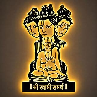 NEXTSTEP1 Shri Swami Samarth Metal Wall Art with Light Decor || Swami Samarth Wall Art Lighting with LED Light for Living Room, Drawing Room. 18 x 12 Inches.(2mm Metal)