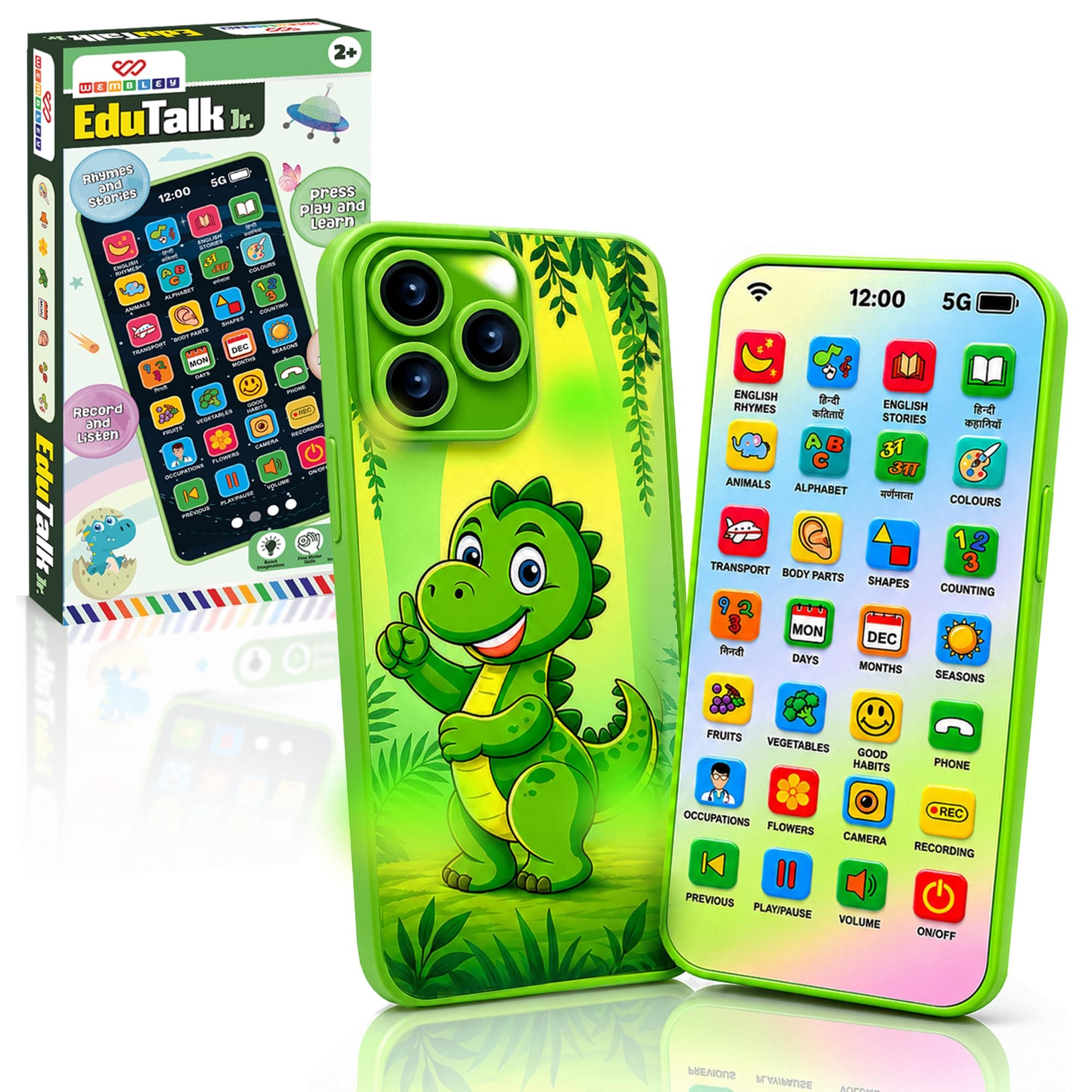 Wembley EduTalk Jr. Dinosaur-Themed Educational Mobile Phone for Kids | 28 Learning Functions, English & Hindi Rhymes, Stories, Recording & Playback, Rechargeable Toy | 2+ Years | Ideal for Gifting
