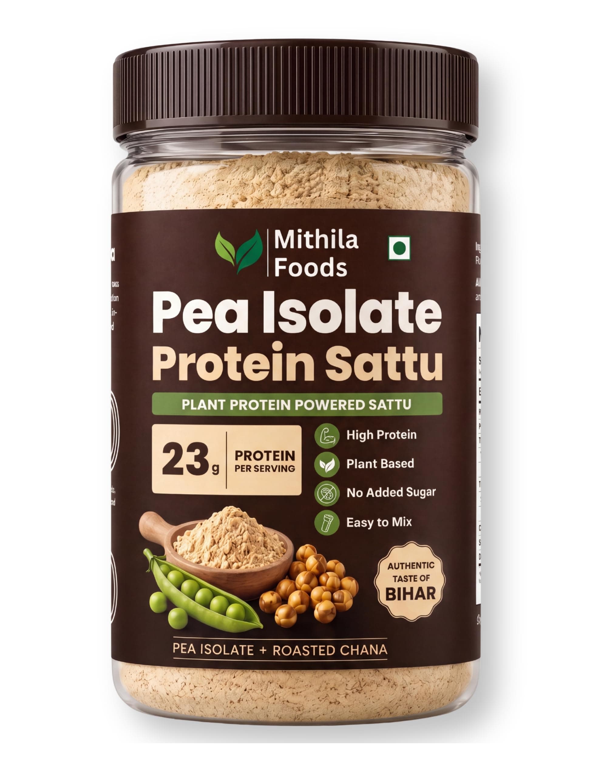 MITHILA FOODS Pea Isolate Sattu 500g (Unflavoured) | 24g Protein Per Portion | Pea Protein Isolate + Sattu Blend | Vegan Dairy Free Gluten Free High Fiber | Desi Plant Protein Drink | Authentic Taste of Bihar