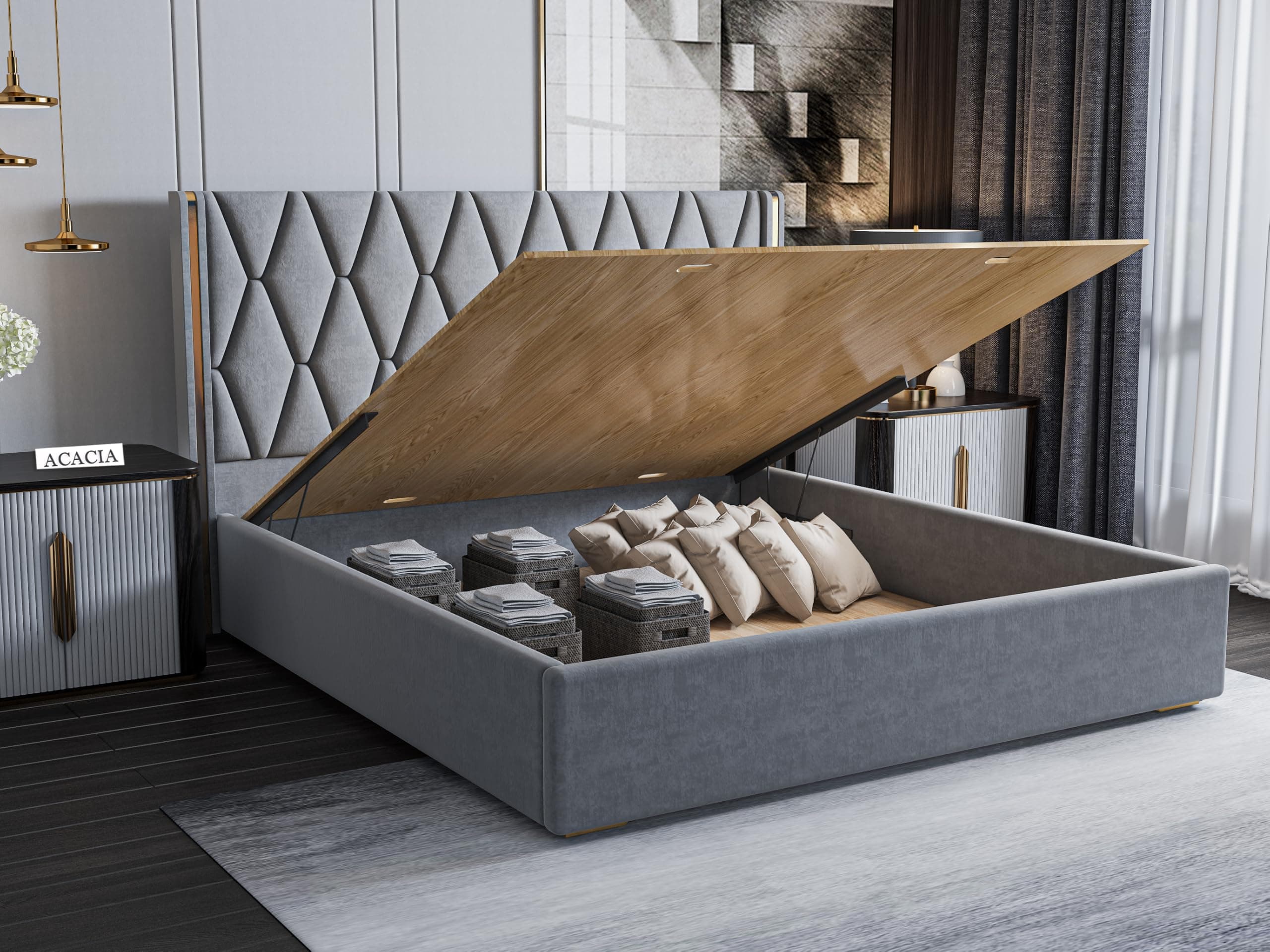 Acacia Modern Upholstered King Size Bed with Hydraulic Storage for Bedroom | Wooden Furniture Double Beds for Home & Hotels | Platform Cot Bed with Upholstery Fabric, 6.5 x 6 Ft, Sheesham Wood, Grey