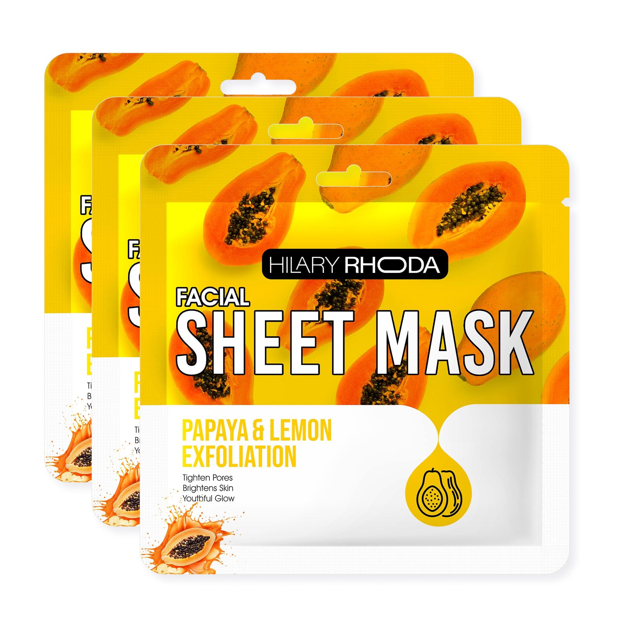 Hilary Rhoda Papaya & Lemon Exfoliation Sheet Mask | Daily Glow mask | Brightens & Exfoliates | Facial Sheet Mask with Serum | Tightens Pores - 20gm (Pack of 3)