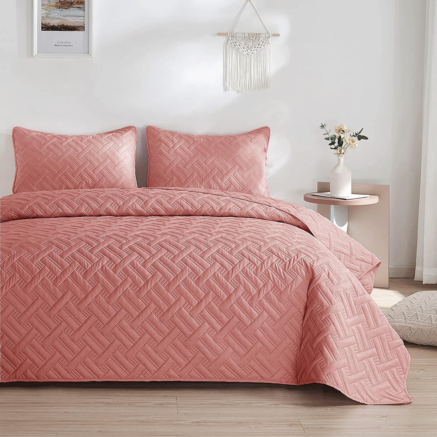 BSB HOME 100% Cotton Ultrasonic 280 Tc Solid King Size Quilted Bed Cover/Bedspread/Rajaai with 2 Pillow Case, (Luxurious, Blush Pink, 90X100 Inches, 254X228 cm)