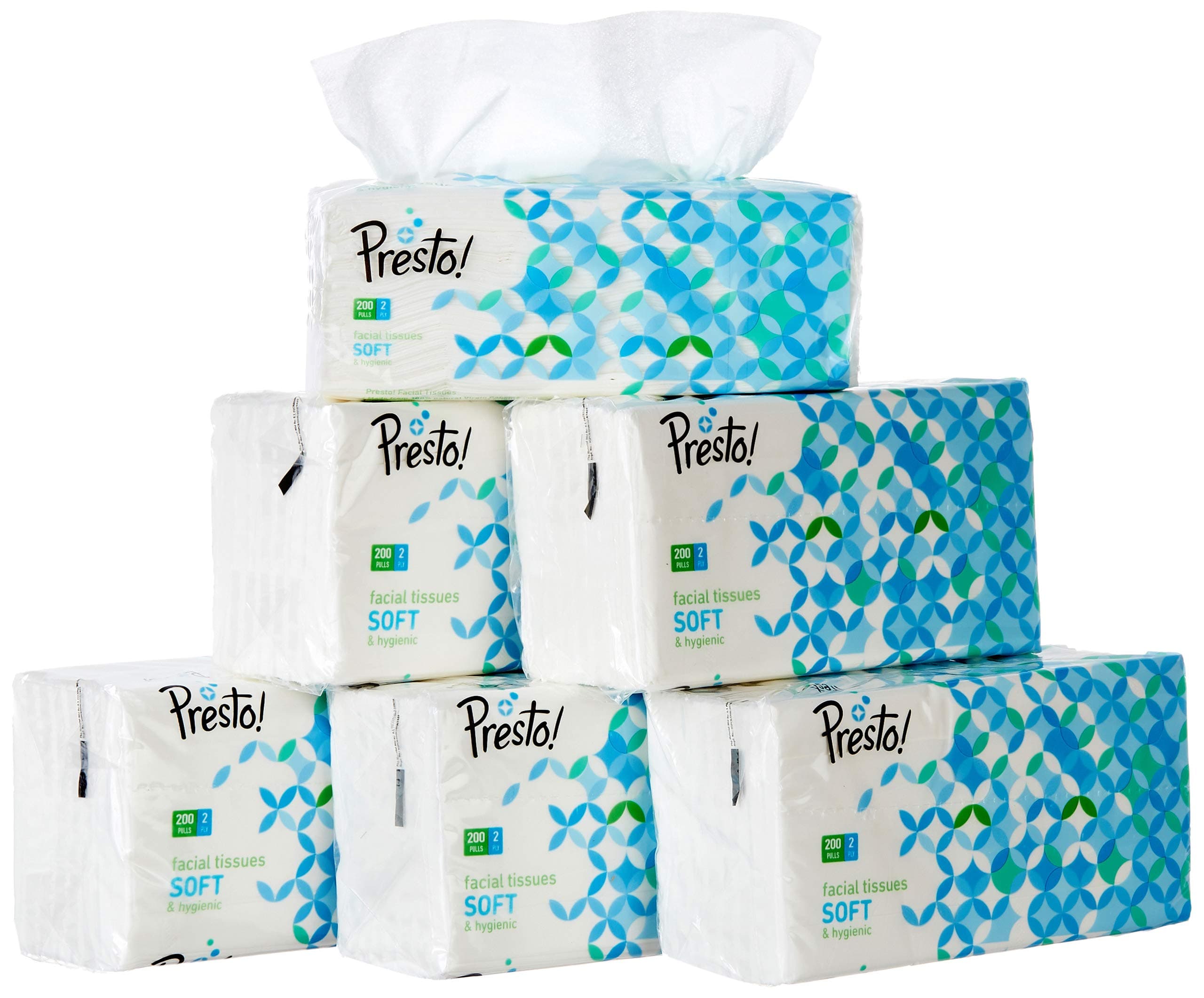 Amazon Brand - Presto! 2 Ply Facial Tissue Soft Pack | 1200 Pulls | 200 Pulls X 6 Pack | Soft And Highly Absorbent | 100% Natural Virgin Cellulose Fiber