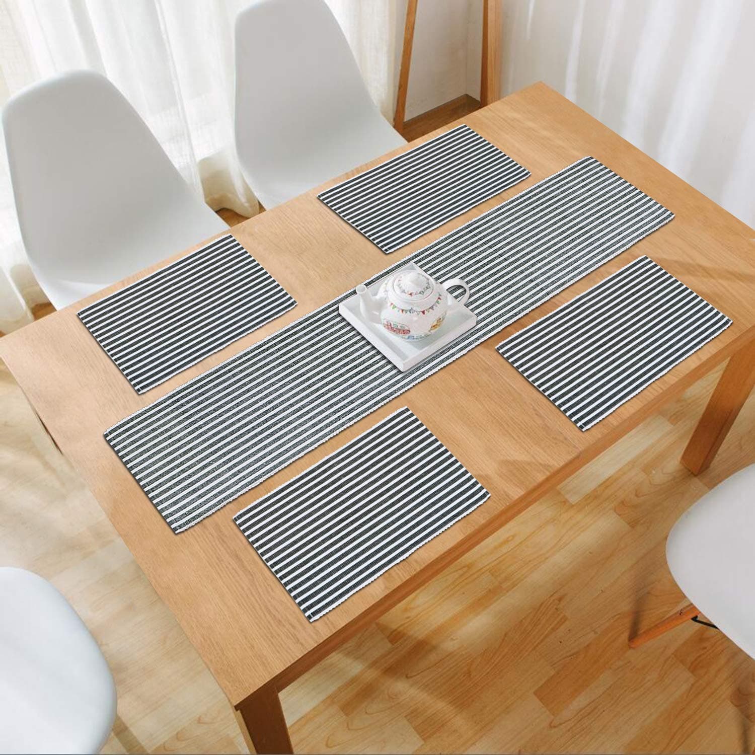 HOKIPO Cotton Ribbed Rectangular Heat Resistant 4 Table Mats Runner Set for Dining Table, Grey (IN72-276)