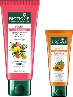 Biotique Papaya Tan Removal Brightening & Revitalizing Face Scrub & Biotique Fruit Brightening Depigmentation and Tan Removal Face Pack