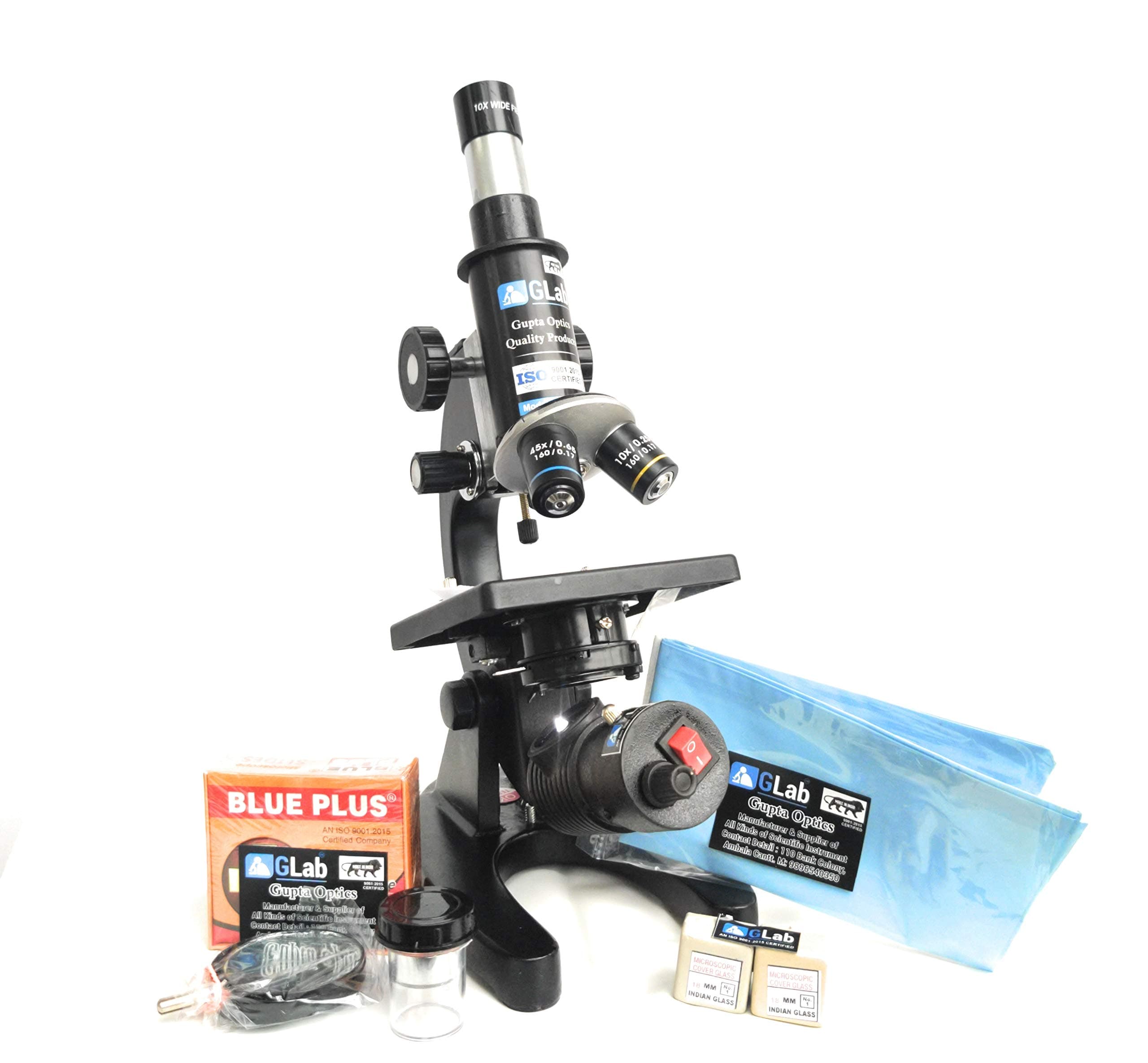 GLAB Compound Student Microscope with LED Lamp | 50 Blank & 2 Prepared Slides | ISO 9001:2015 Certified | Biological Lab Microscope for Students, Schools & Research Use