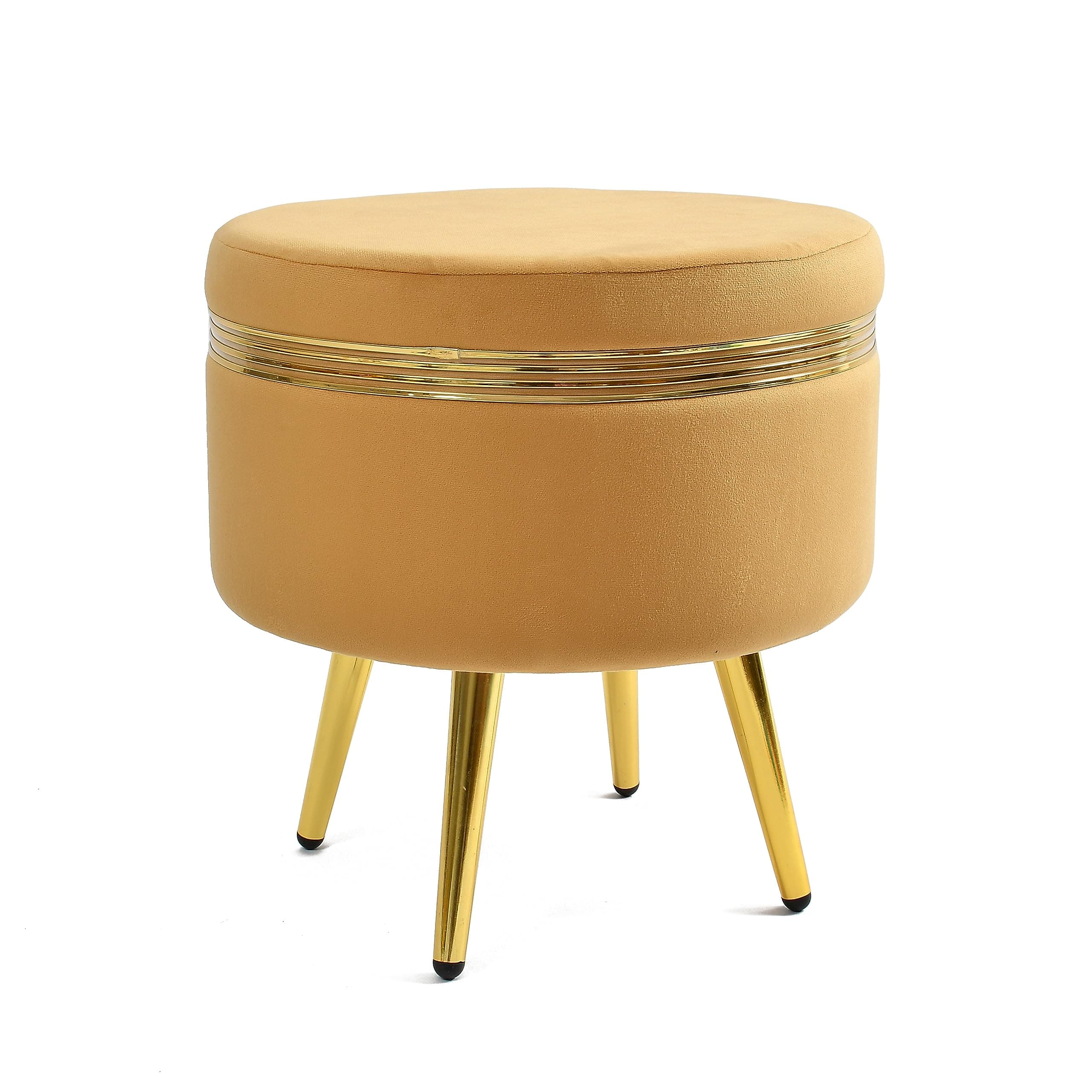 NACIA Ottoman Pouffe Stool for Living Room Sitting, Beige (16x16x17 inch) - Round Footstool/Foot Rest with 4 Wooden & Golden Metal Legs for Dressing Table, Home Decor, Balcony, Bedroom