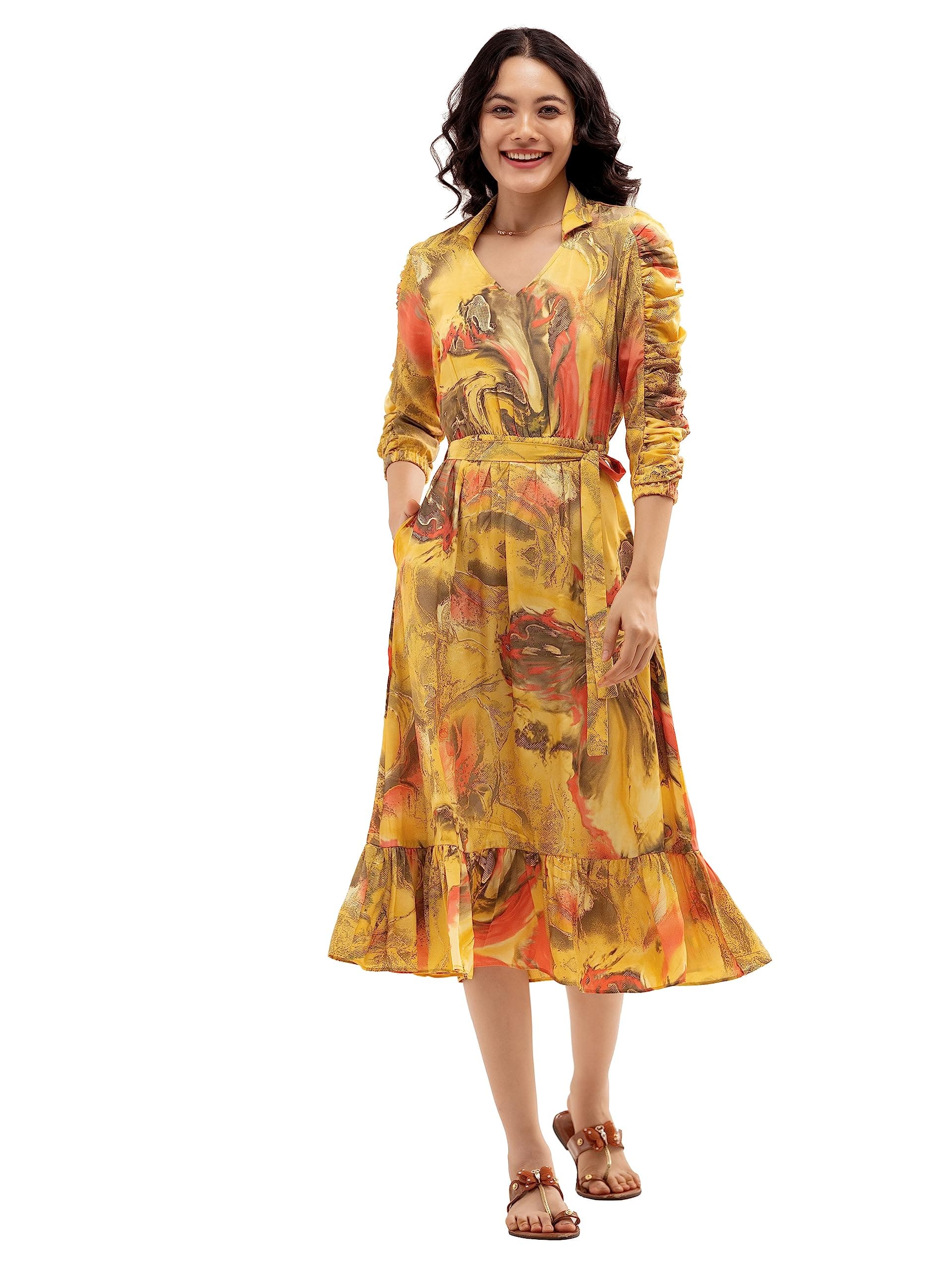 AASK Abstract Printed Puff Sleeve Gathered Detailed Fit Flare Dress