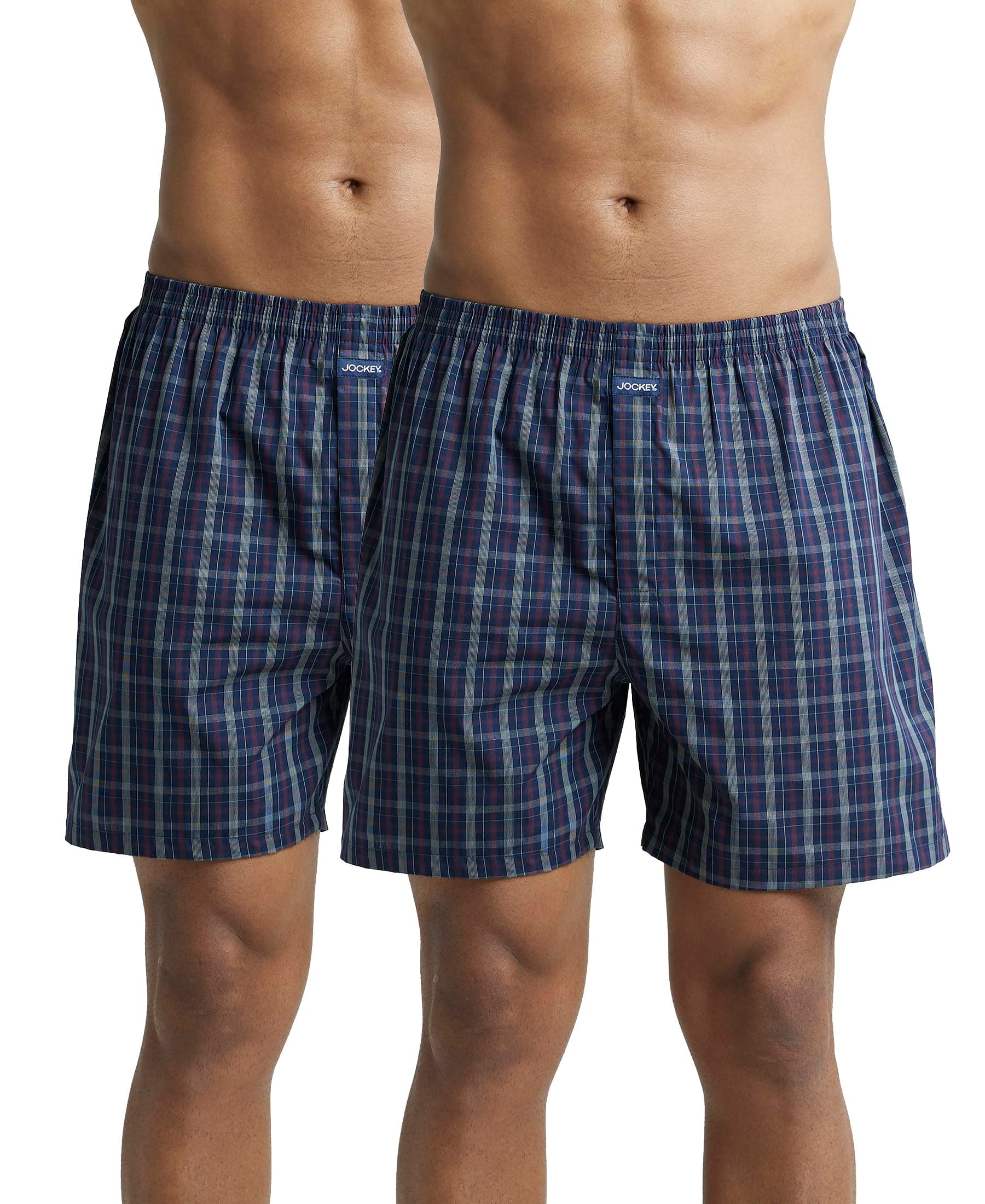 Jockey 1222 Men's Super Combed Mercerized Cotton Woven Checkered Boxer Shorts with Back Pocket (Pack of 2_Colors & Checks May Vary)