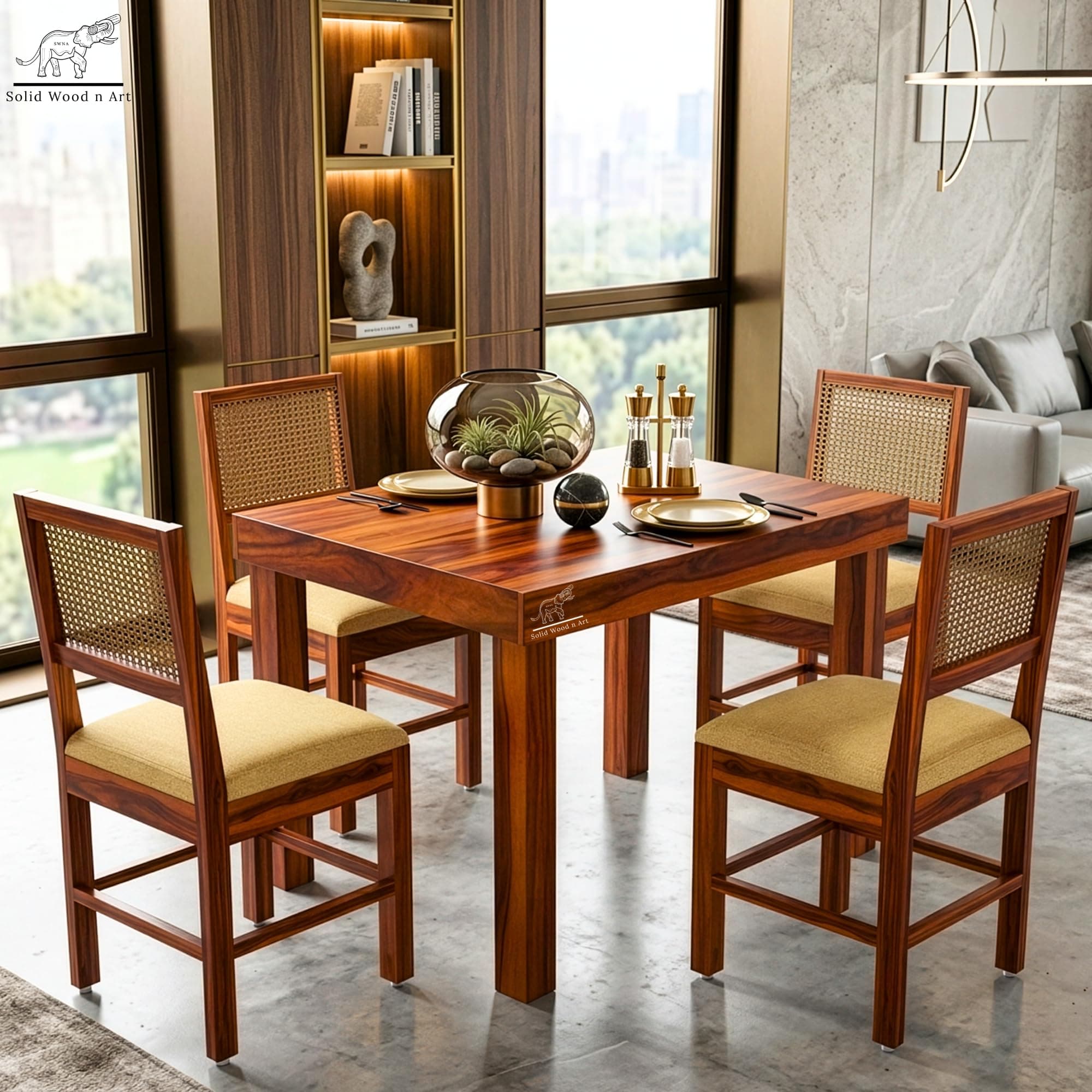 SWNA Solid Sheesham Wood 4 Seater Dining Table Set with Cushioned Chairs for Dining Room | Living Room | Home & Office | Hotels Restaurant & Cafe (4 Seater, Honey Finish)