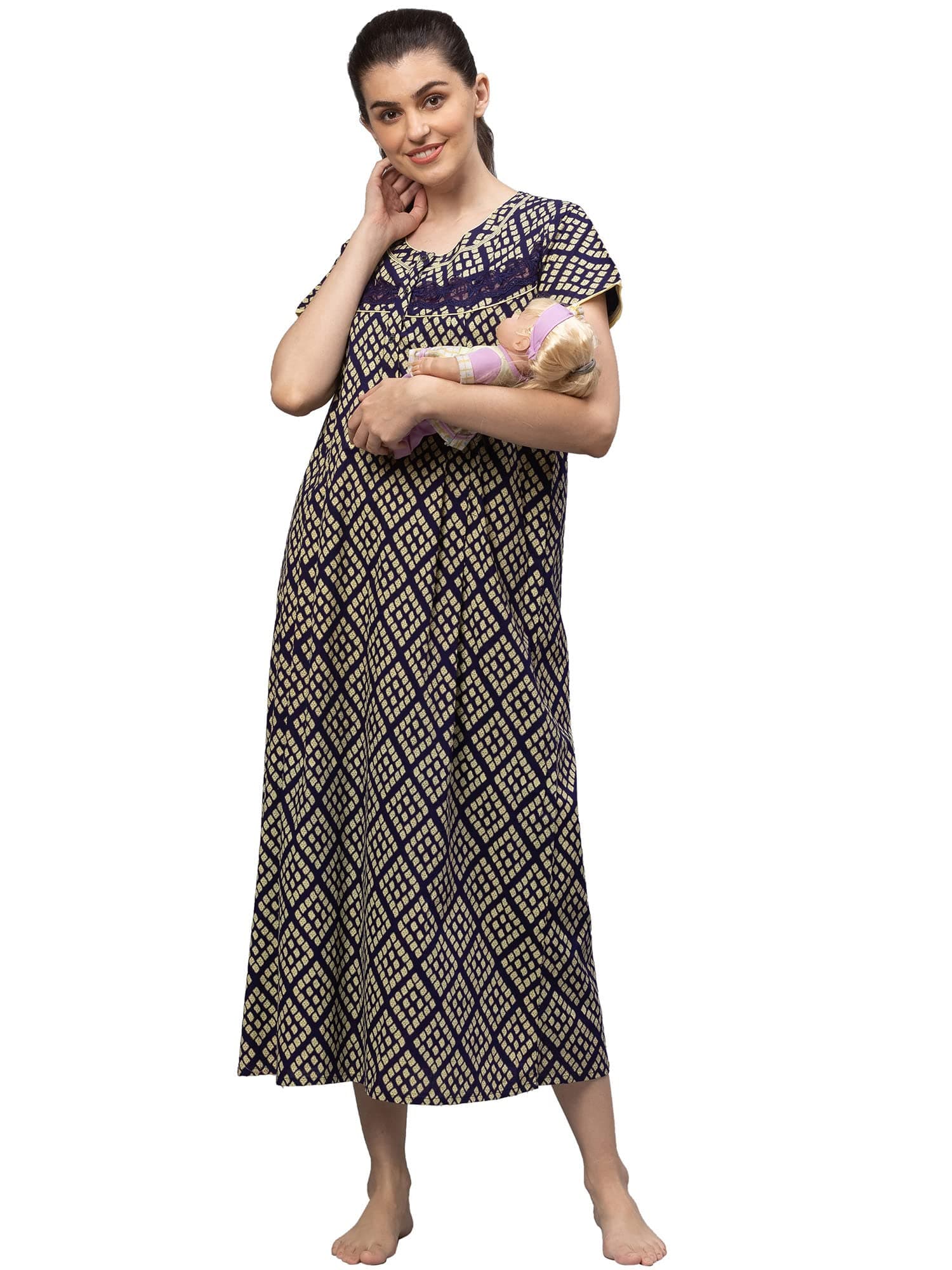 AV2 Cotton Women Printed Feeding | Nursing | Maxi Maternity Nighty 7182