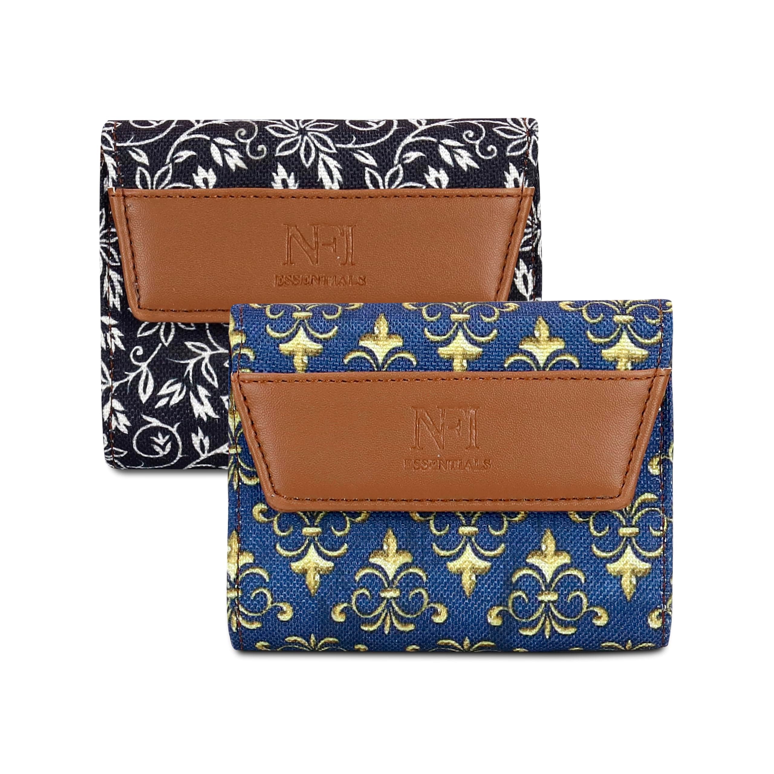 NFI essentials Pack of 2 Small Wallet for Women, Handmade Trifold Mini Wallet for Girls, Vegan Leather & Jute Purse for Female, Card Cash Coin Holder Purse