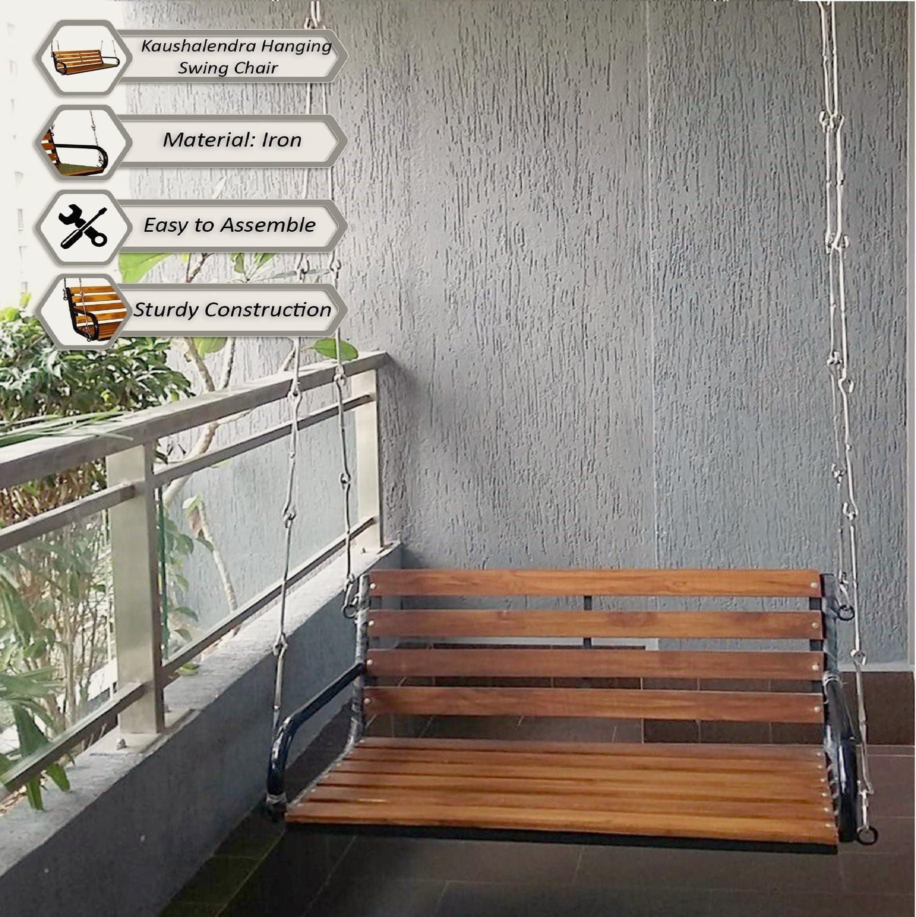 kaushalendra Wood Hanging Swing for Balcony Hammock Chair Indoor Jhula Heavy Very Strong 300 Kg Capacity Swings with Hanging Accessory(91 Cm),Brown