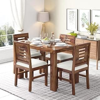 KENDALWOOD Solid Wood Dining Table with 4 Chairs | 4 Seater Dining Set | Dining Room Furniture (Teak Finish with Cream Cushion)