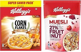 Kellogg's Combo, Corn Flakes Real Almond And Honey, 1 Kg And Muesli With 21% Fruit And Nut Pouch, 750 G