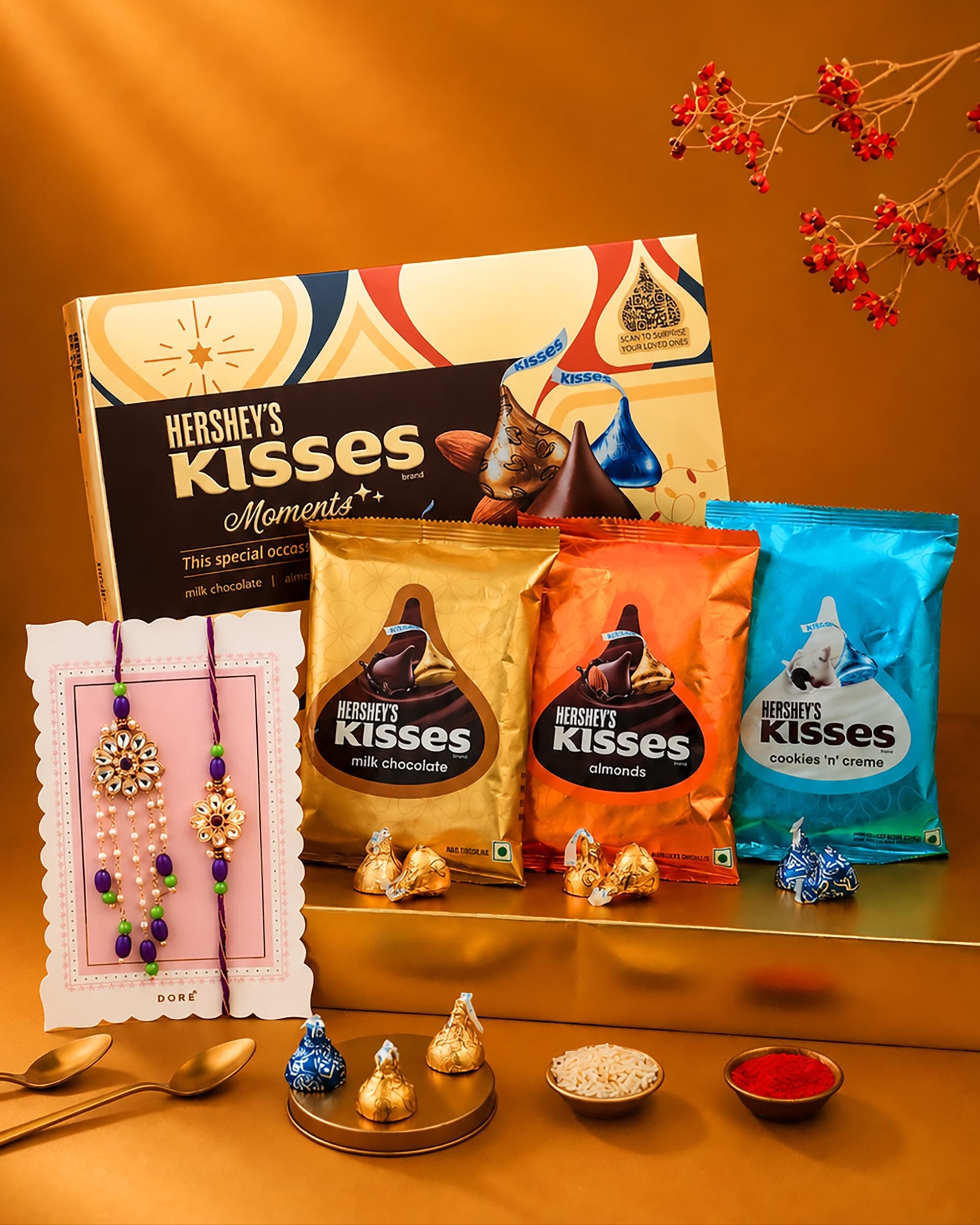 HyperFoods® Rakhi For Brother with Chocolate Raksha Bandhan Chocolate Gift Pack Kisses Pack of 3 Chocolates Gift with Bhaiya Bhabhi Rakhi Set
