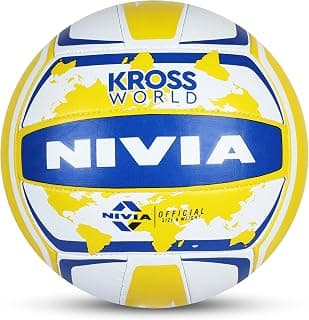 NIVIA Kross World Volleyball, Training Ball, 18 Panels, Rubber Machine Stitched with Smooth Surface Matt, Latex Bladder, Training Ball Standard, to Play on Outdoor Surfaces (Size - 4, Yellow/Blue)
