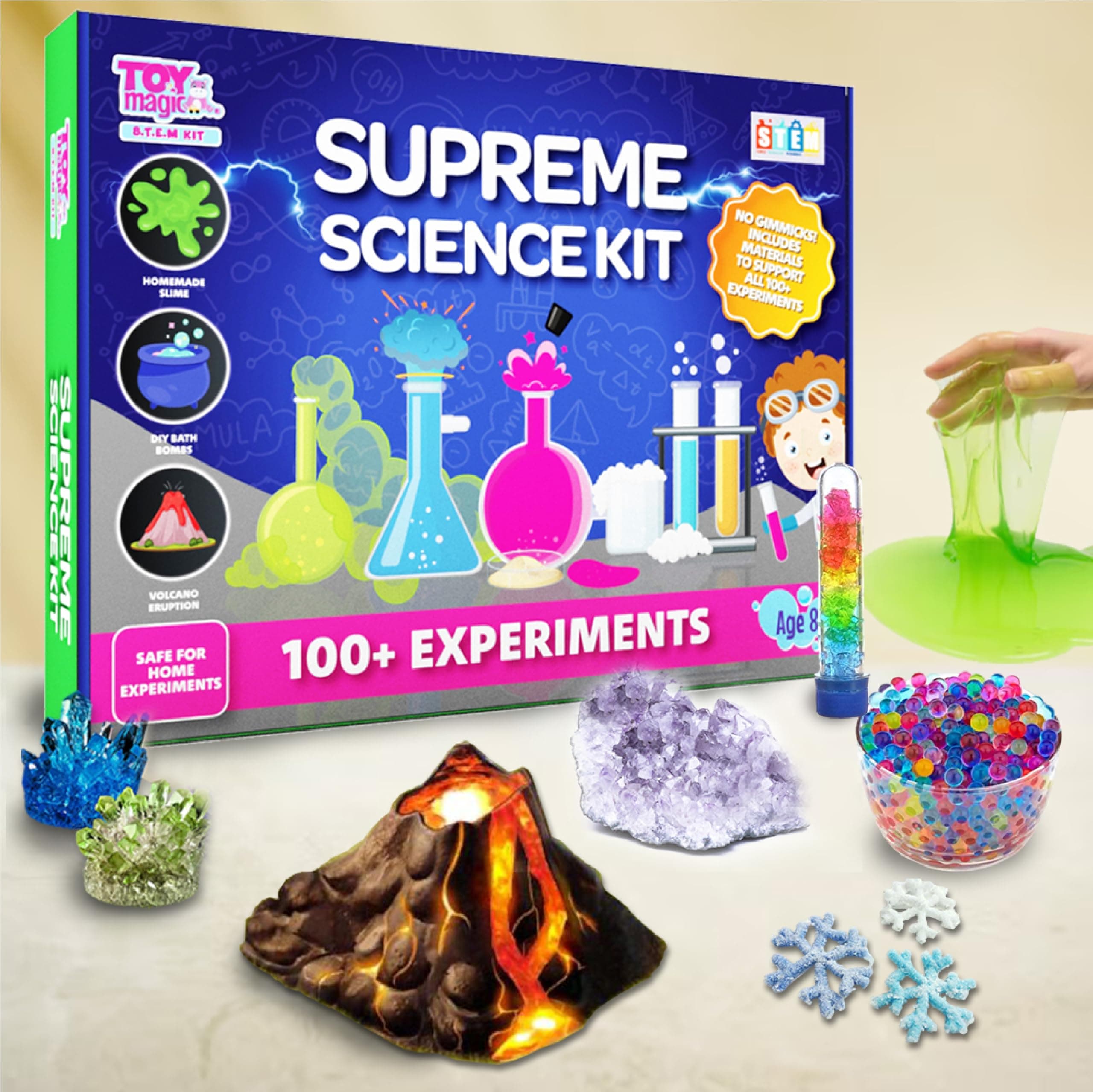 ToyMagic Most Complete Science Kit|Experiments for Multiple Projects & Categories/STEM|Learning & Educational Toy|Slime,Volcano, Bathbomb & Many|Safe/Gift for Kids 8 Year+|Made in India