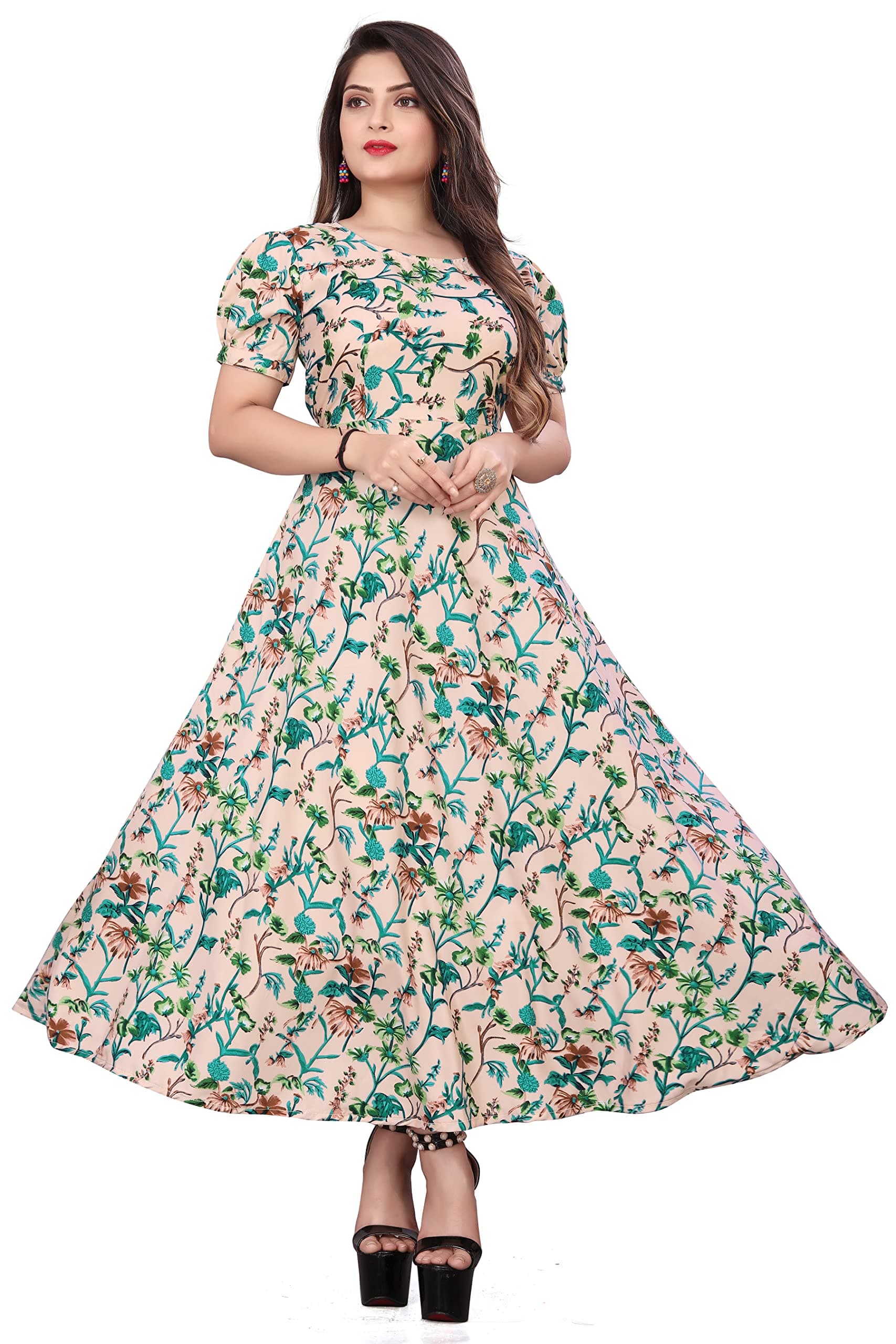 QENA FLARED ALINE MAXI DRESS WITH FLORAL PRINT FOR WOMEN