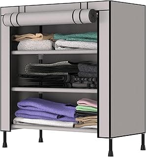 MY ARMOR Multipurpose Wardrobe/Cabinet/Multipurpose Storage Rack, Foldable, Collapsible Fabric Wardrobe Organizer for Clothes, 1-Door, 3 Shelves/Cabin - Grey, 31.5 X 66. X 68. Cm