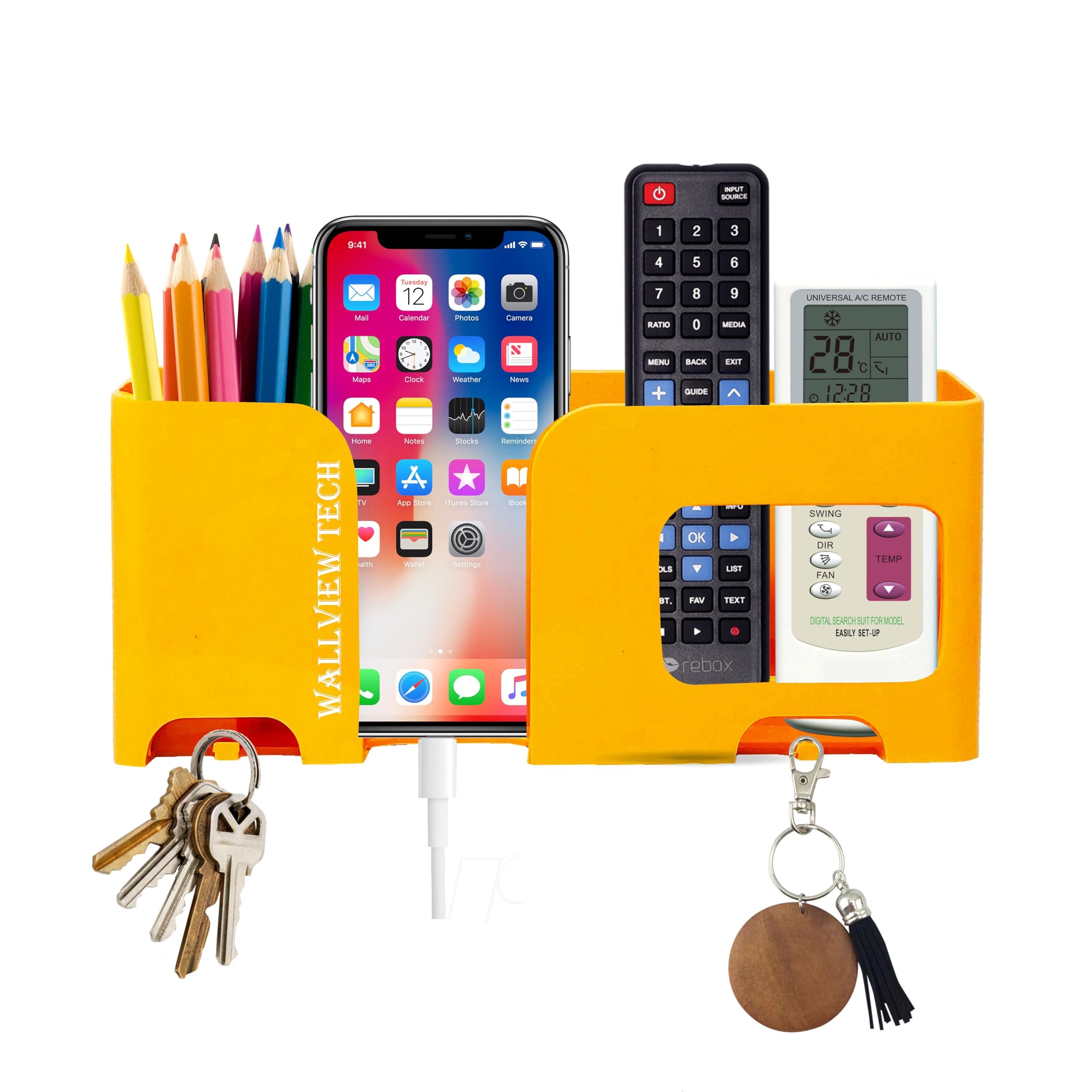 WALLVIEW TECH Wall Mount Mobile Holder | Plastic Storage Case for Ac/Tv Remotes | Multi-Purpose Wall Phone Stand for Charging | Remote Wall Organiser | Smart Stand Wall Gadget (Orange)