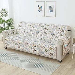Story@Home Quilted Sofa Cover 3 Seater Fully Covered | 175 X170 Microfiber Sofa Cover 3 Seater Beige & Green Floral Motif Design 3 Seater Sofa Cover for Living Room & Create Your Own Customized Set