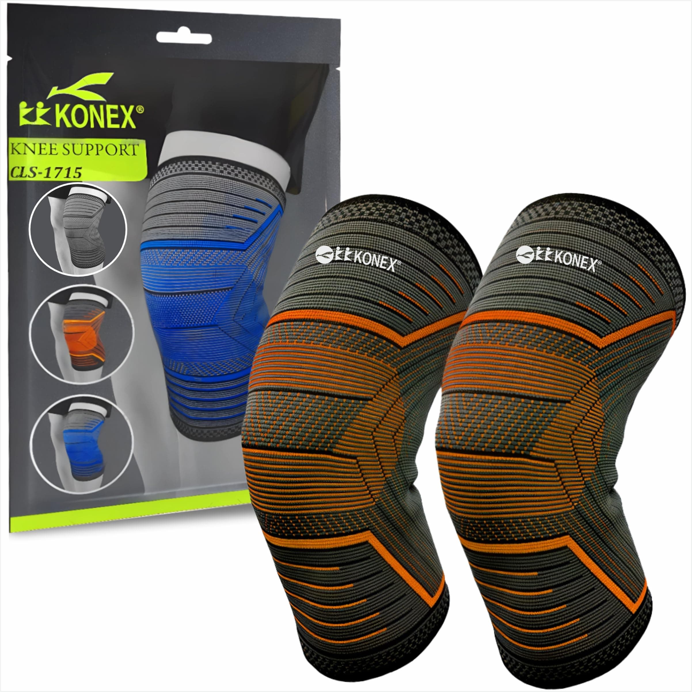 Konex Elastic & Breathable Knee Cap Support Sleeves | Ideal for Sports, Workouts, Pain Relief, Knee Cap Compression Support, Running, Cycling & Exercise - Large, Orange (1 Pair)
