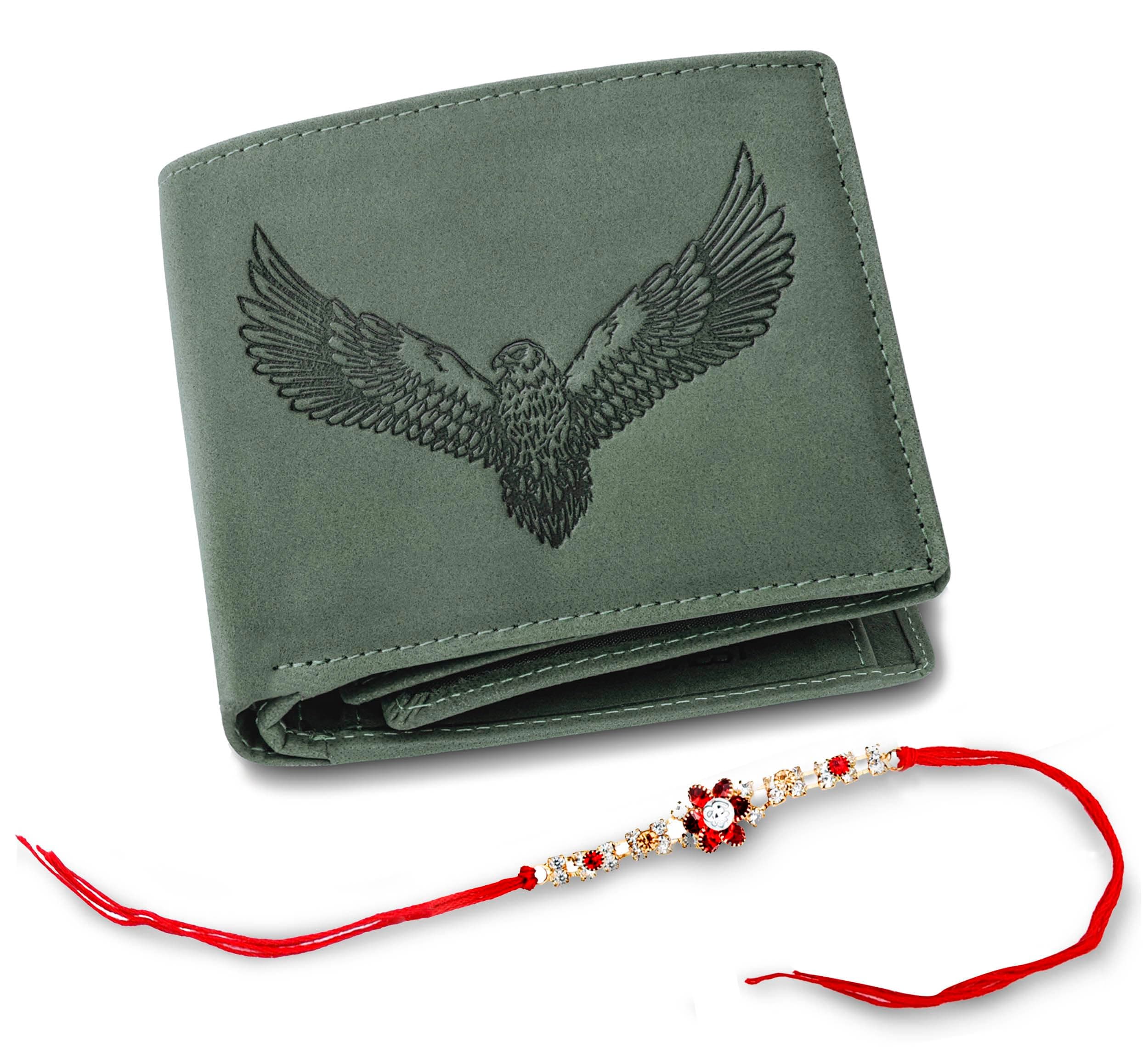 URBAN FOREST Rakhi Gift Hamper for Brother - Vintage Green Men's Leather Wallet and Rakhi Combo Gift Set for Brother - 45829R