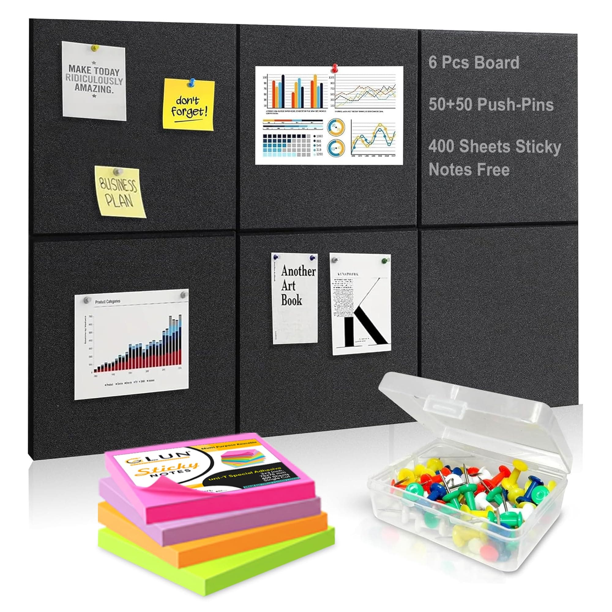 GLUN® 6 Pcs Black Felt Bulletin Board 30x30 cm (12x12 Inch) | Self Adhesive Notice Board Tiles for Wall | 100 Push Pins + 400 Sheets Sticky Notes | Pin Board for Home, Office, School & Study Room