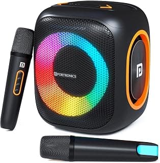 Portronics Dash 10 50W Wireless Bluetooth Party Speaker With Dual Wireless Karaoke Mic, Upto 6 Hours Playtime, Dual Bass Radiator, HD Sound, RGB LED Lights,BT 5.3V,AUX IN,USB In,Type C Charging(Black)