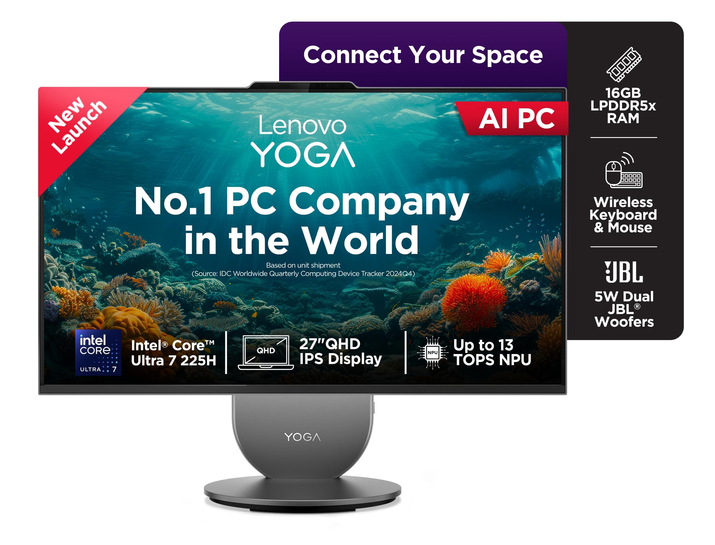 Lenovo Yoga AIO Intel Core Ultra 7 255H 27" QHD IPS (16GB RAM/1TB SSD/AI PC/Windows11/Microsoft 365 Basic + Office Home 2024/Wireless Euterpe Keyboard & Mouse, Grey), F0J20050IN All-in-One Desktop