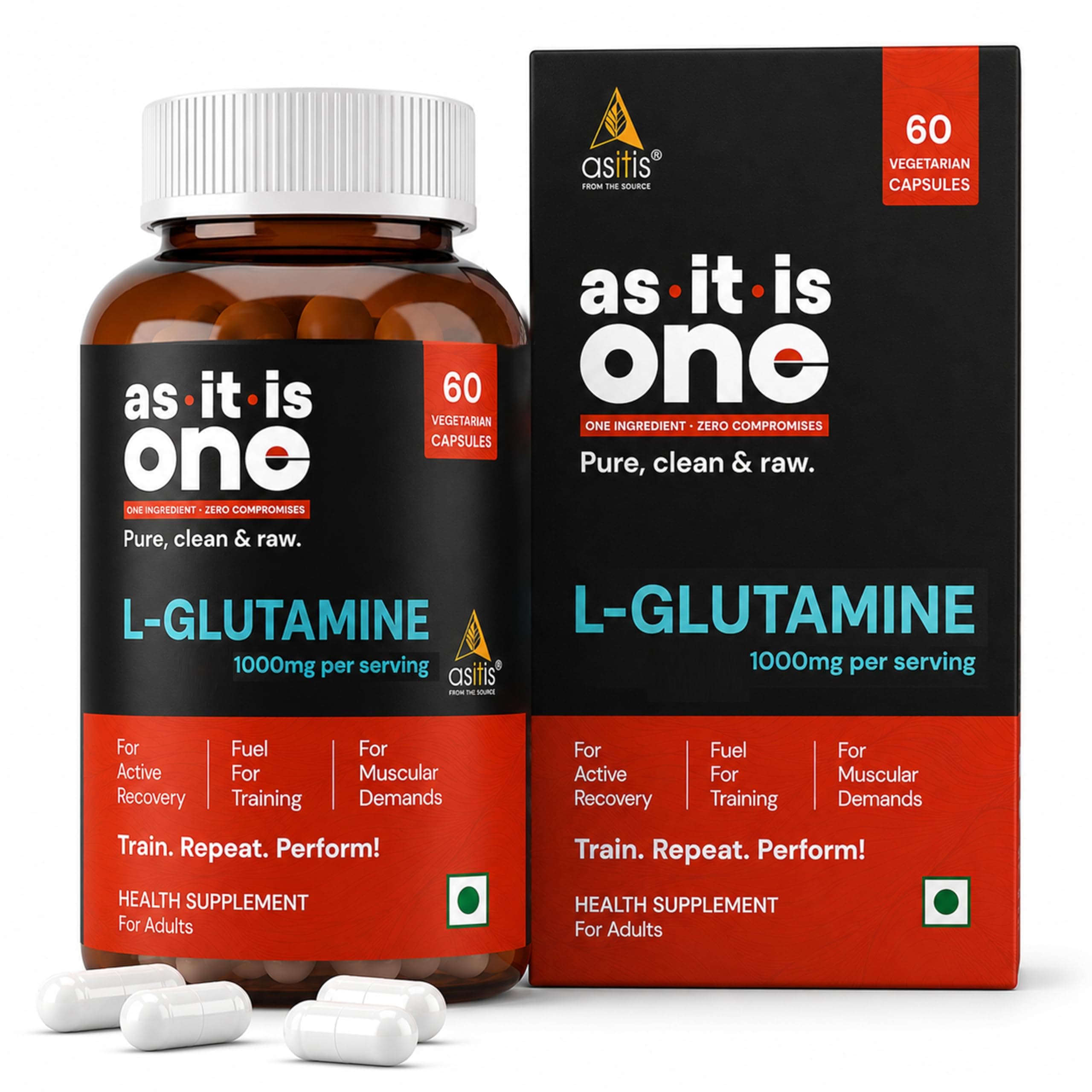 AS-IT-IS One L-Glutamine 1000mg/Serve | Zero Fillers, Post Workout Capsules for Men & Women, 60 Capsules I Amino Acid Support for Post Workout Muscle Recovery, Reduced Soreness & Gut Health