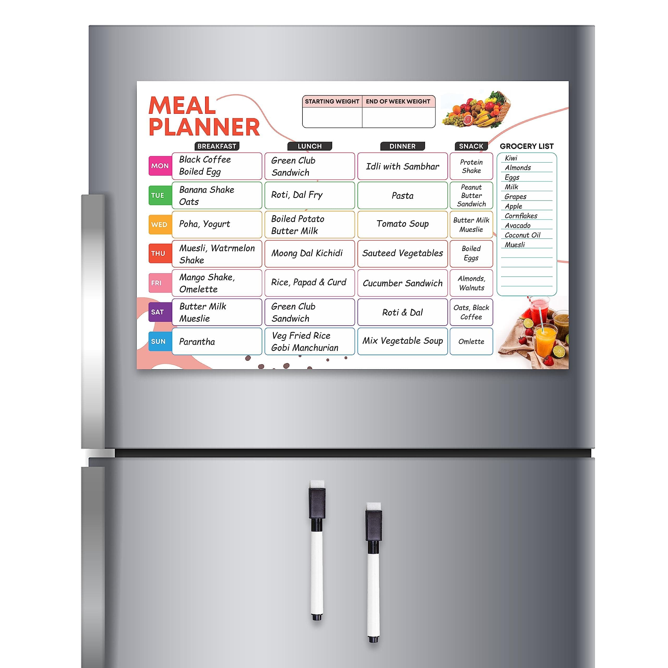 CLICKEDIN Smart Magnetic Weekly Meal Planner for Whole Week, Covers All Days with Shopping Planner with 2 Dry Erase Marker Menu Planning Calendar Sheet (18 * 12 inch)