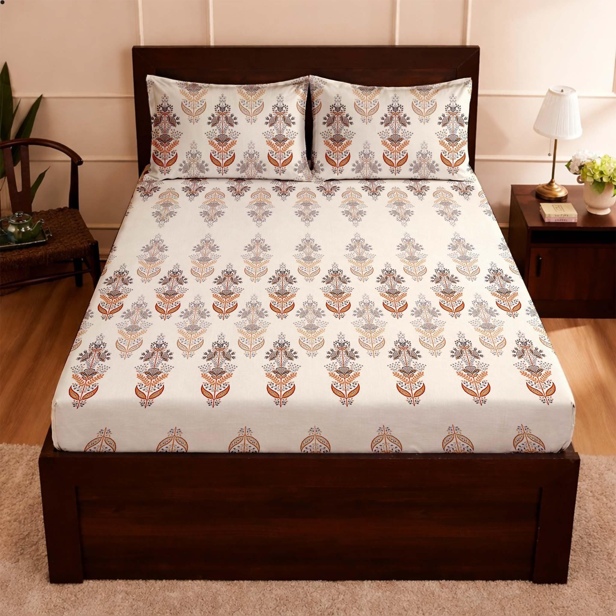 Raymond Bedsheet 100% Cotton Bedsheet 200 TC for Double Bed King Size (108 x108 Inch) with 2 Large Size Pillow Covers | Soft and Breathable | Wrinkle-Free | Premium Gold Print
