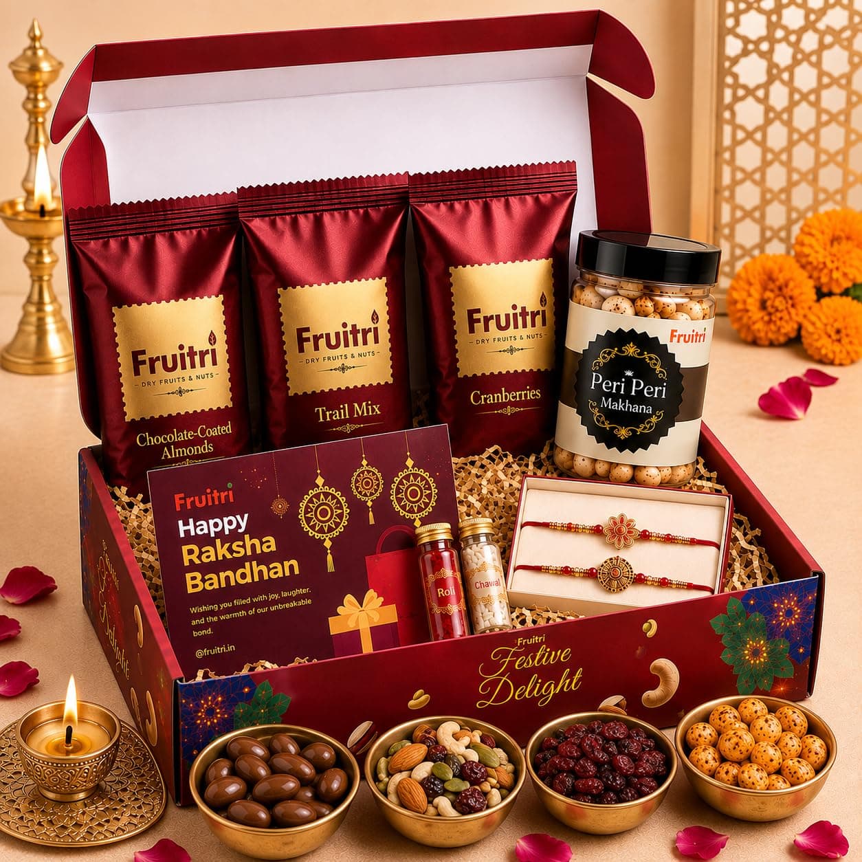 Fruitri Premium Rakhi Gift Hamper for Brother with 2 Rakhis, Chocolate Coated Almonds, Trail Mix & Cranberries (100g Each), Peri Peri Makhana, Roli Chawal & Greeting Card