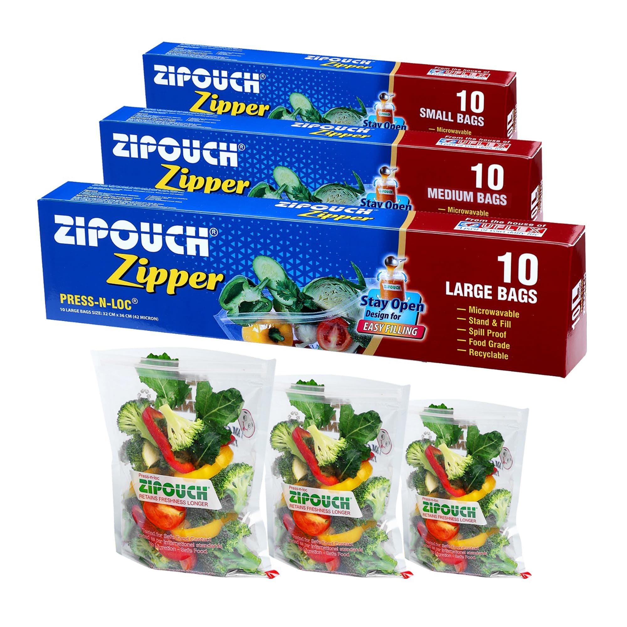 Zip Lock Bag Zipper Combo Pack of 3 | 10 Bags Each in S, M, L | Ziplock Bag for Fridge & Travel Packing | Leak-Proof Food Grade Zip Lock Covers & Zipper Pouch for Kitchen and Vegetables