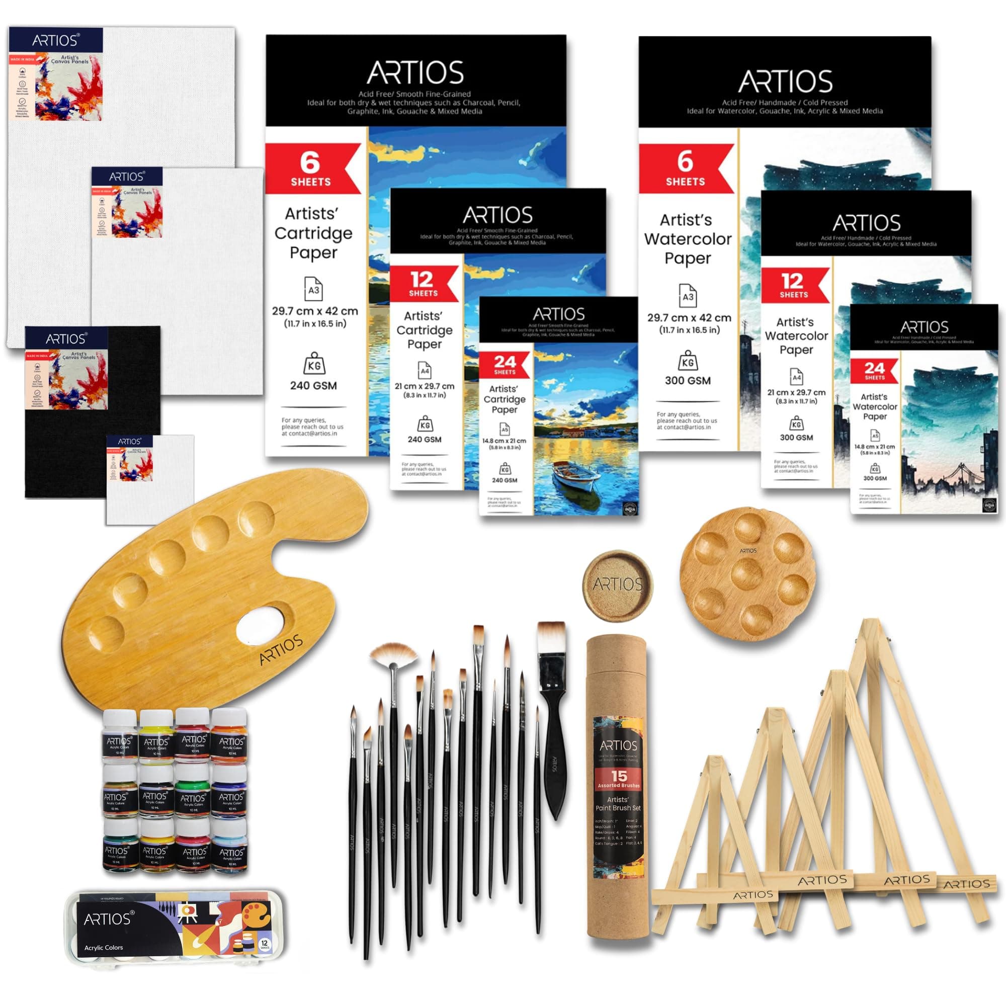 ARTIOS Painting Kit for Artists - 121pcs Painting Set for Adults and Kids with Paint Brush Set, Acrylic Paints, Mixed Media Papers, Watercolor Papers, Canvas Boards, Easels & Wooden Palette
