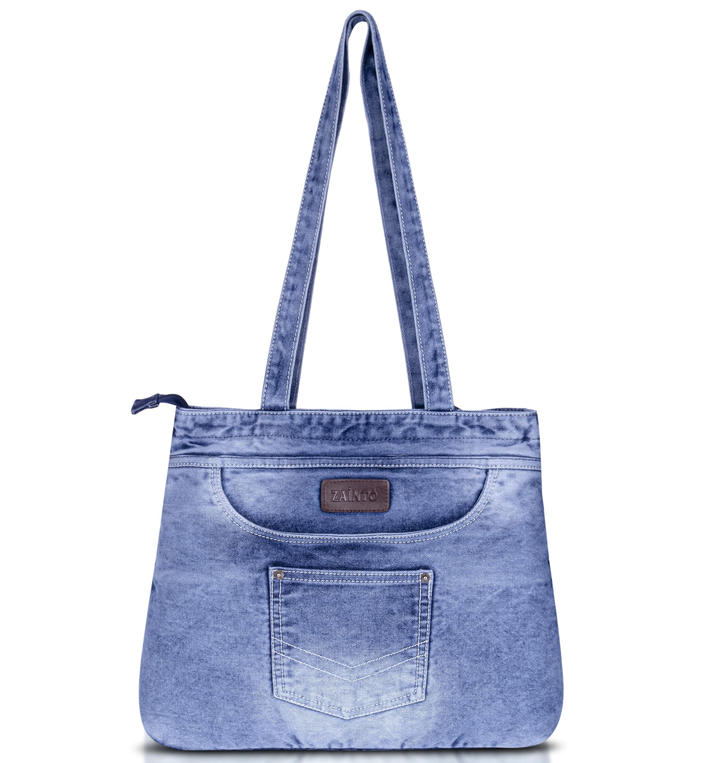 ZAINTO® Denim Tote Bag for Women with Zip | Stylish & Durable College, Travel & Work Shoulder Bag | Eco-Friendly Upcycled Jean Fabric | Spacious Lightweight Handbag for Girls & Ladies