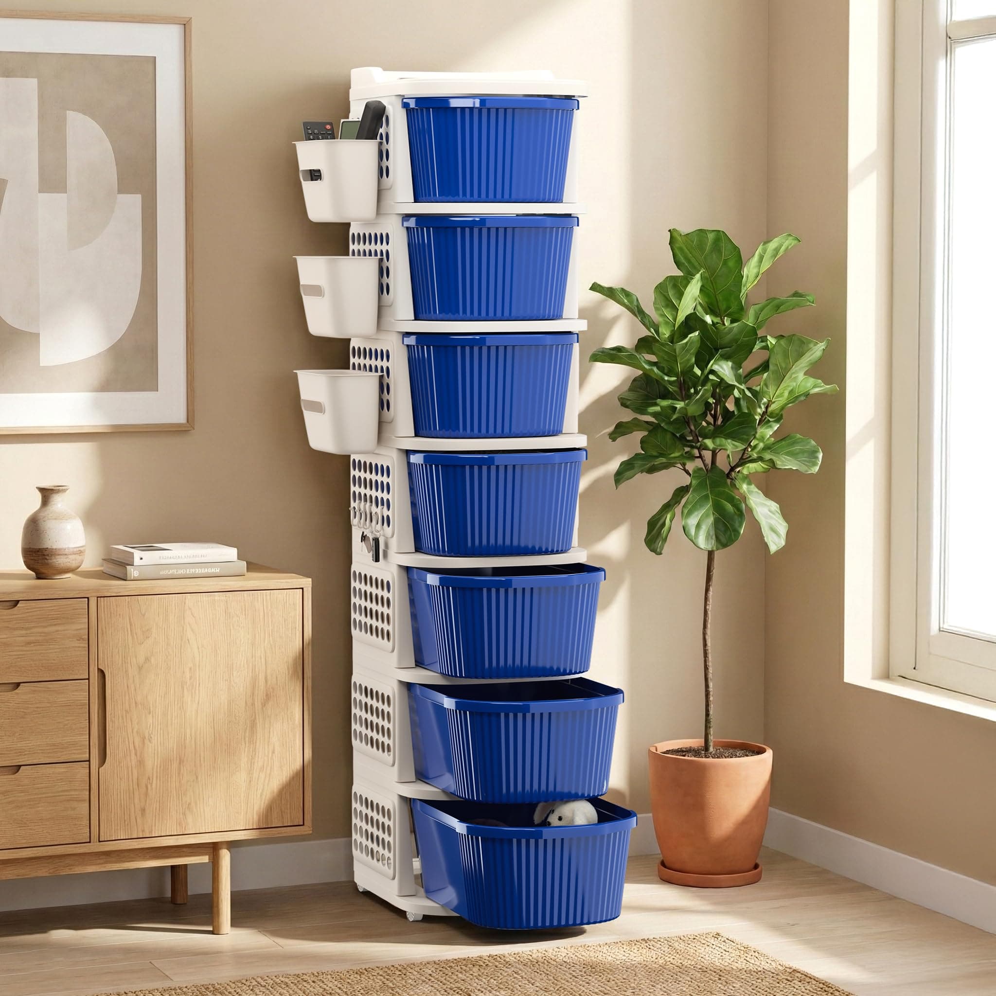 Kuber Industries 7 Tier Plastic Storage Drawer Cabinet with Side Basket/Hooks/Integrated Handle & Wheels | Modular System for Storage in Home | Ivory & Blue