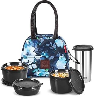 Milton Floret Lunch Box with Insulated Fabric Jacket, 3 Microware Safe Inner Stainless Steel Containers 180ml, 320ml, 320ml &Tumbler with lid 380ml, Leak-Proof Tiffin for Office, College, Picnic, Blue