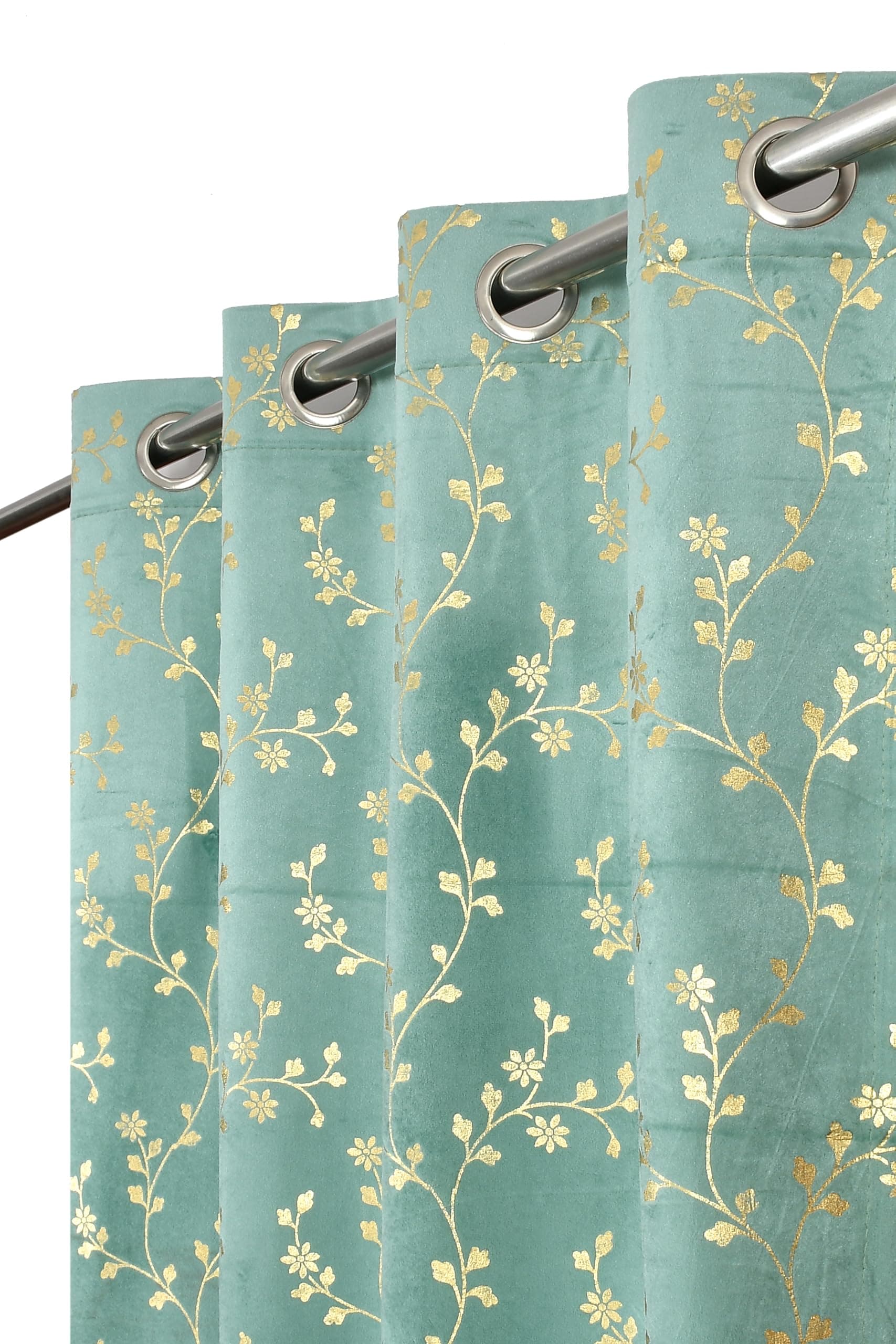 RED RIBBON DECOR Heavy Velvet Fabric Luxury Looks Room Darkening Floral Designer Curtains 7 Feet for Door, Aqua Island, Pack of 3 Pieces