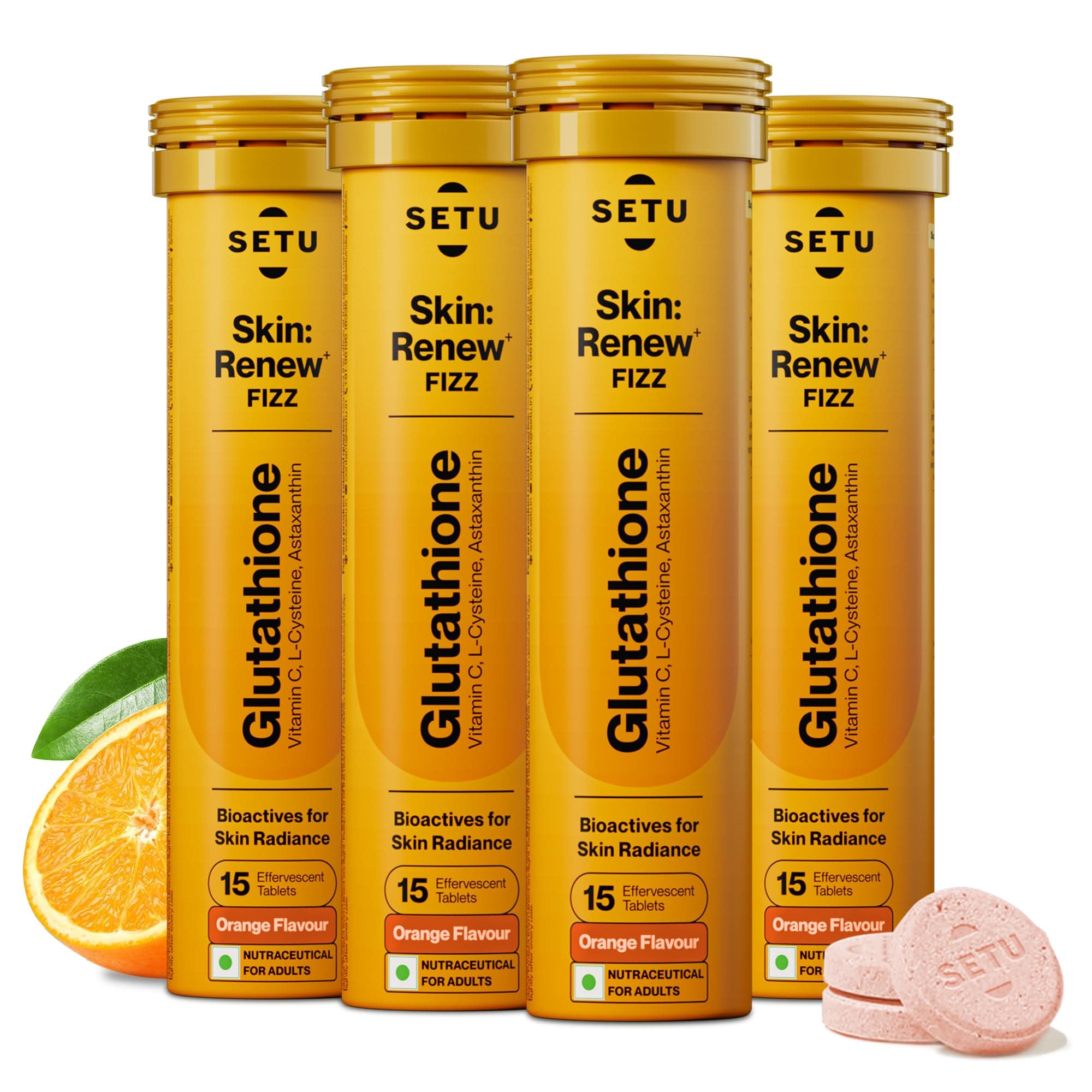 Setu Skin Renew Glutathione Tablets for Glowing Skin | 60 Effervescent Tablets with 500mg L-Glutathione & Vitamin C | Sugar-free Antioxidant & Skin Glow Supplement for Clear Skin | Orange (Pack of 4)