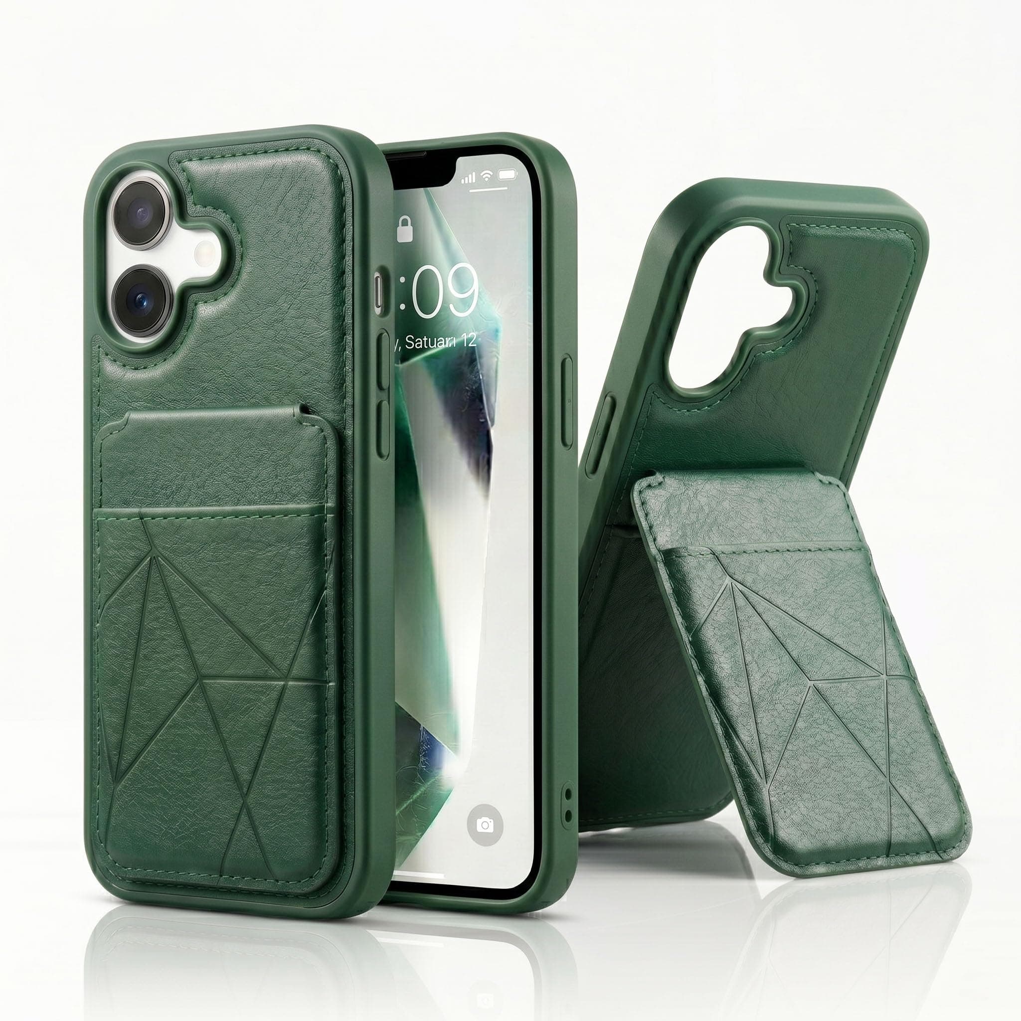 amazon basics Premium Vegan Leather Back Cover with Card Holder and Integrated Mobile Stand for iPhone 16 – Slim Shockproof Wallet Case with Geometric Stitching [Green]