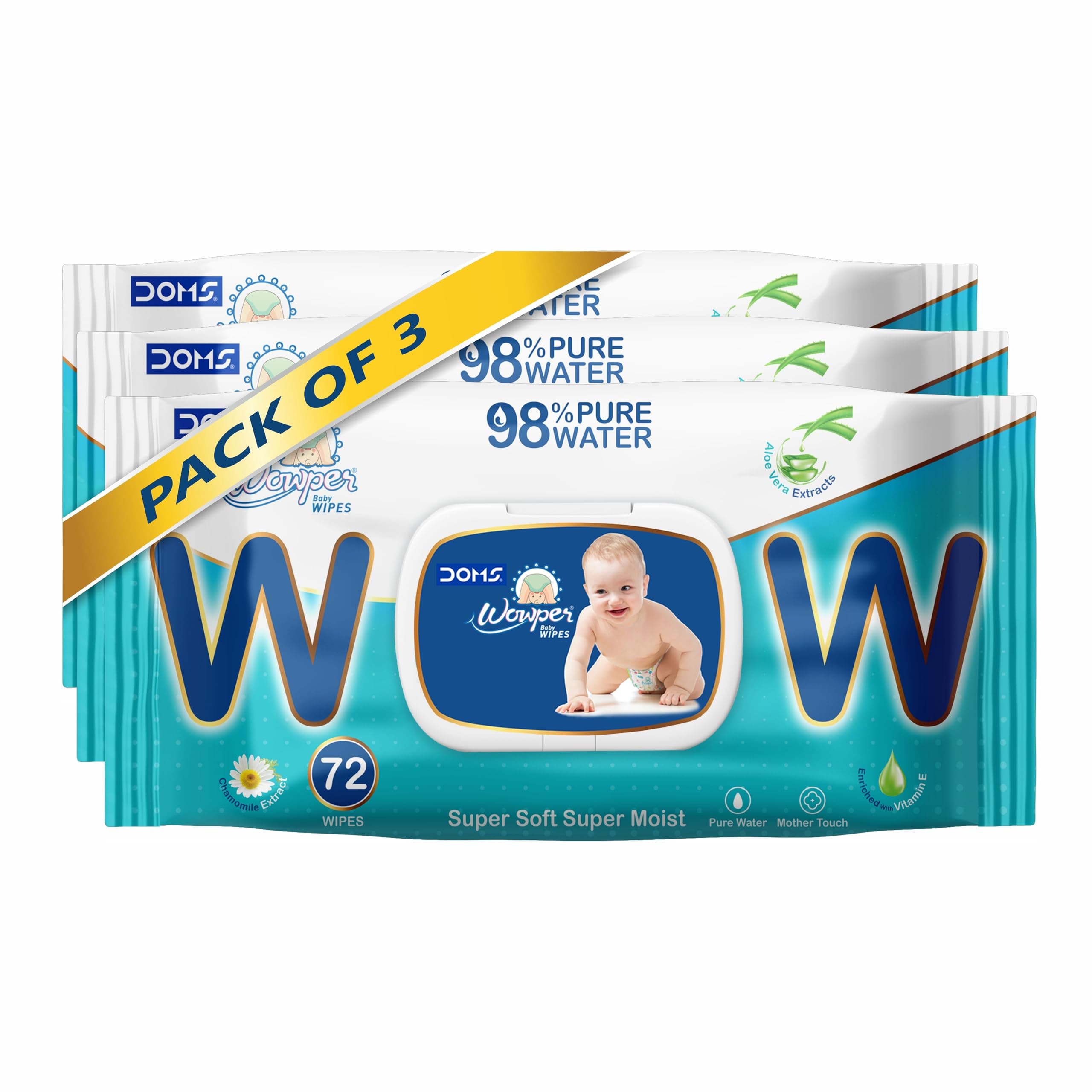 Wowper Baby Gentle 97% Pure Water Soft Moisturizing Wet Wipes With Lid | Aloe Vera Extracts| Paraben & Sulphate Free | 72 pcs | pack of 3 | 216 pcs